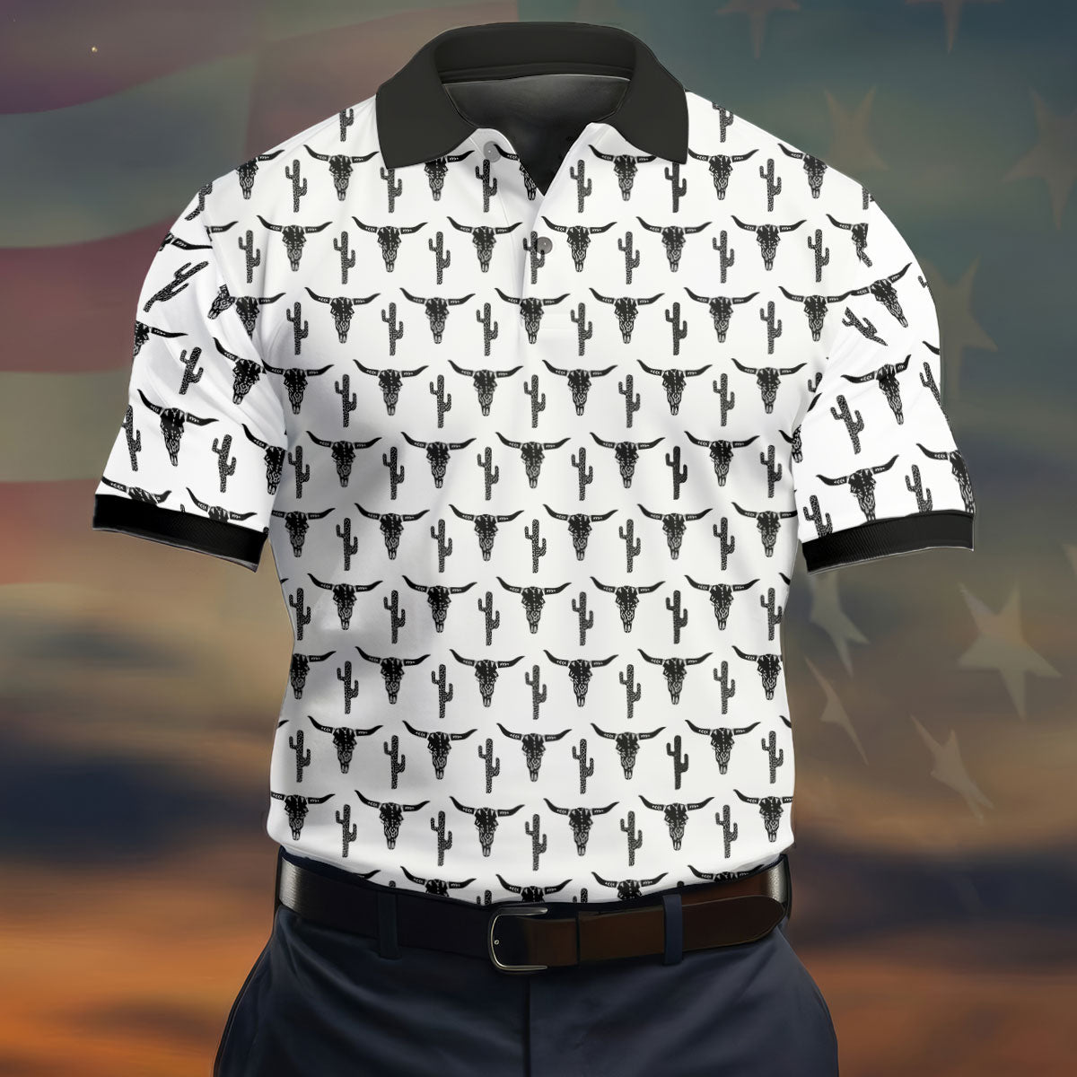 Longhorn Cow Skull Western Theme White Golf Tops For Men, Polo ShirtFor Men, Golf Shirts For Men