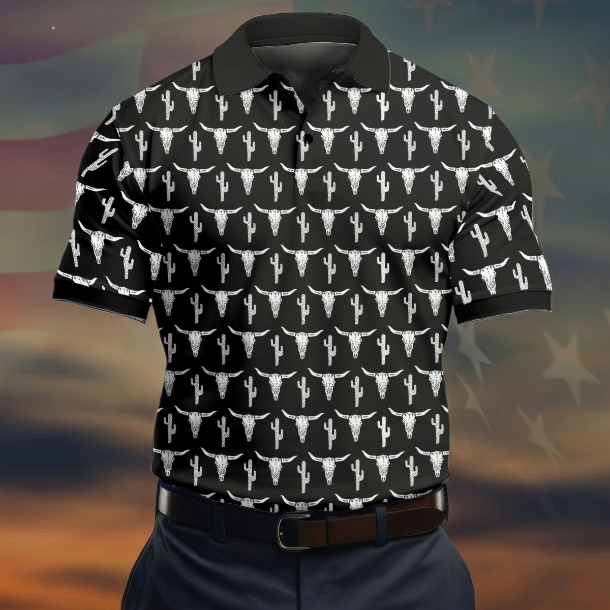 Longhorn Cow Skull Western Theme Black Golf Tops For Men, Polo ShirtFor Men, Golf Shirts For Men