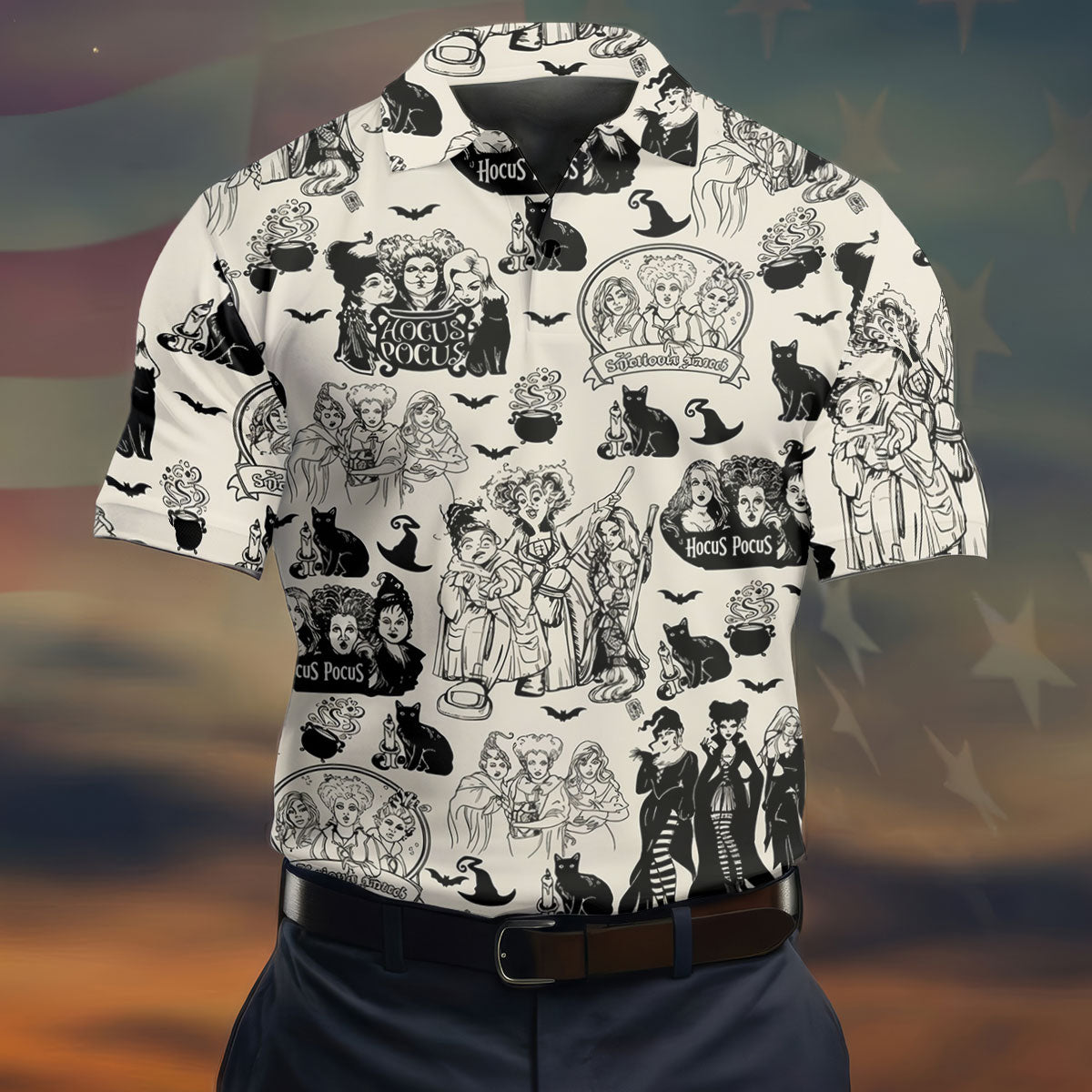 Witch Sisters Black Cat Halloween Polo Shirt, Golf Polo Shirts For Men, Mens Golf Apparel