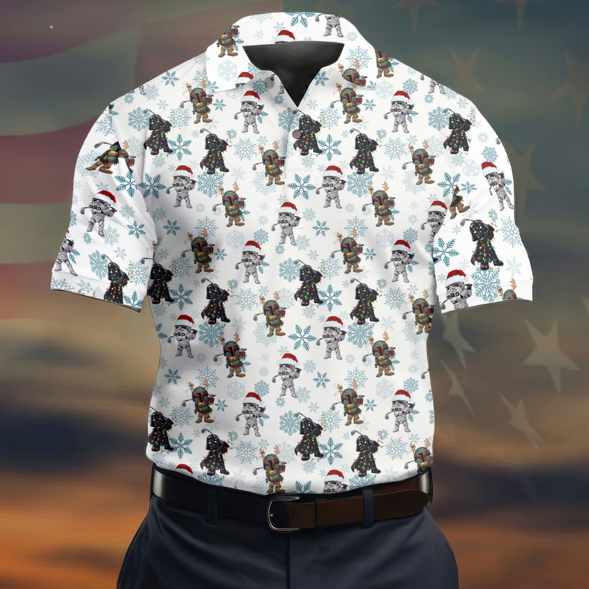 Christmas Space Characters Pattern Polo Shirt, Mens Golf Shirts, Golf Polo Shirts For Men