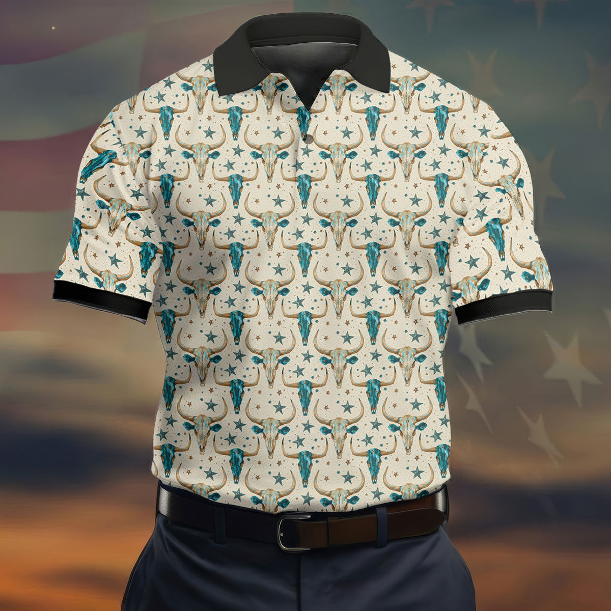 Cow Skulls Turquoise And Beige Western Theme Golf Tops For Men, Polo ShirtFor Men, Golf Shirts For Men