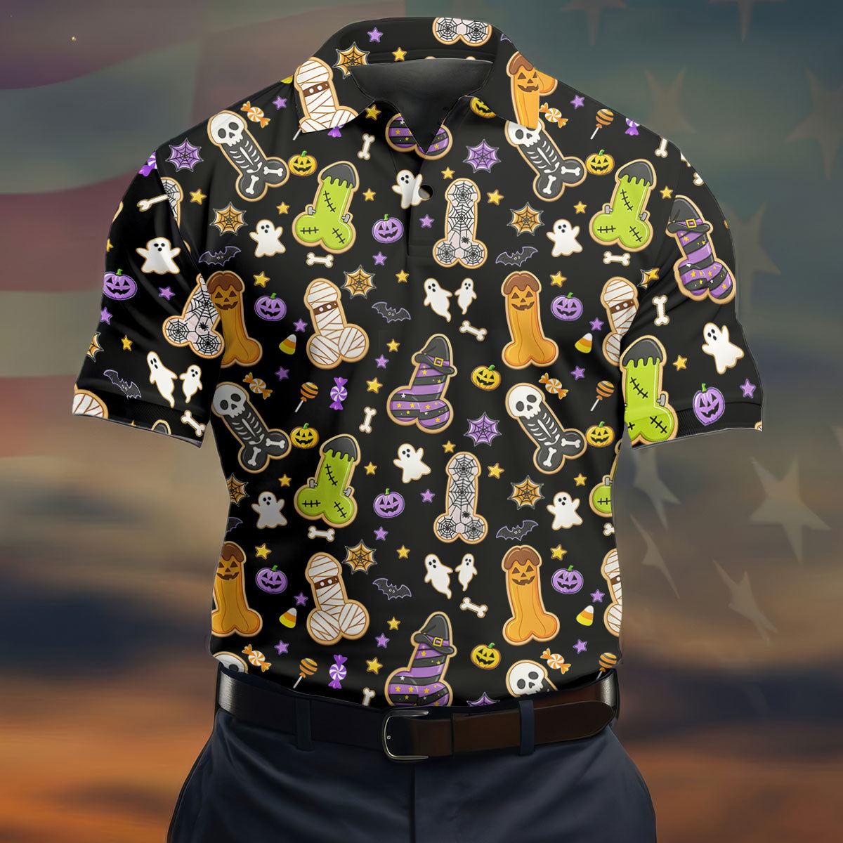 Funny Adult Halloween Cookie Pattern Polo Shirt, Men's Golf Shirt, Printed Golf Shirts