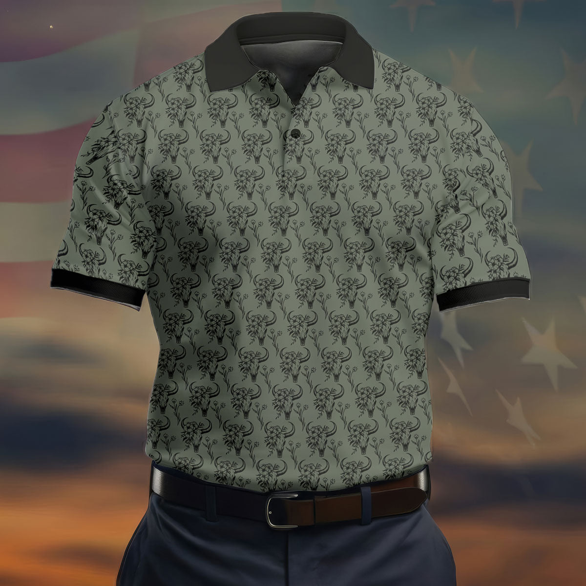 Cow Skull With Flowers Western Theme Forest Green Golf Tops For Men, Polo ShirtFor Men, Golf Shirts For Men