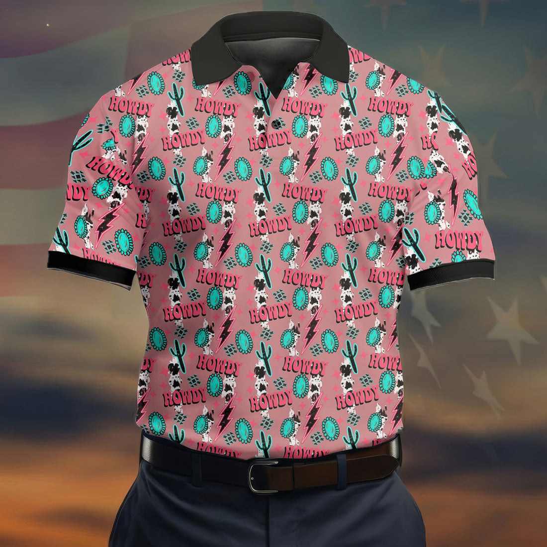 Howdy Pink Lightning Bolts Western Theme Golf Tops For Men, Polo ShirtFor Men, Golf Shirts For Men