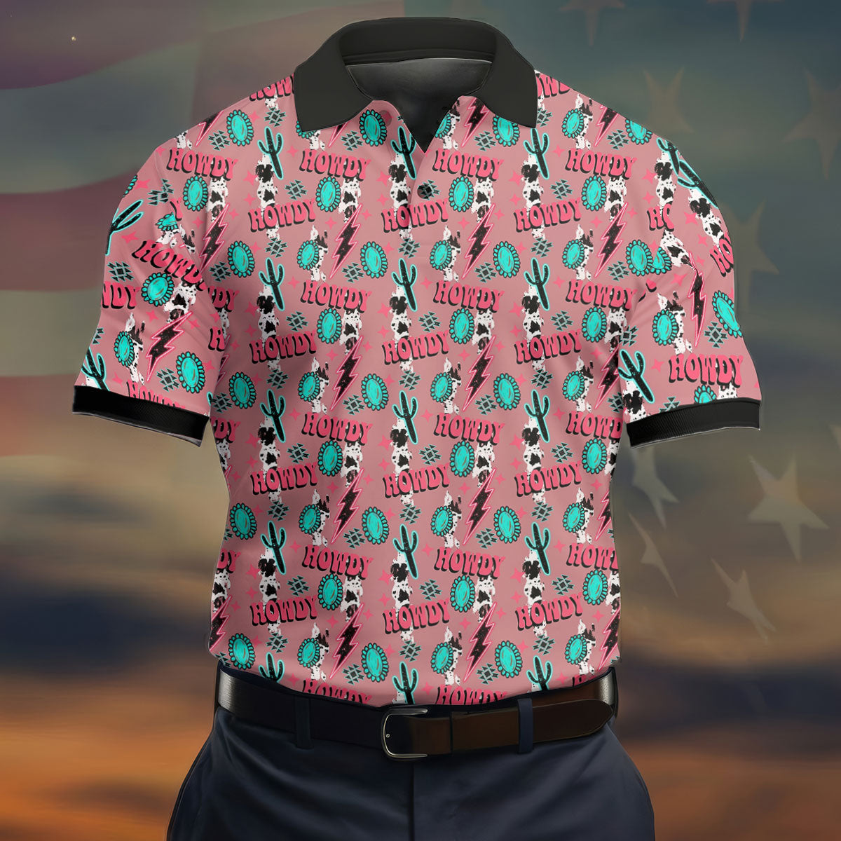 Howdy Pink Lightning Bolts Western Theme Golf Tops For Men, Polo ShirtFor Men, Golf Shirts For Men