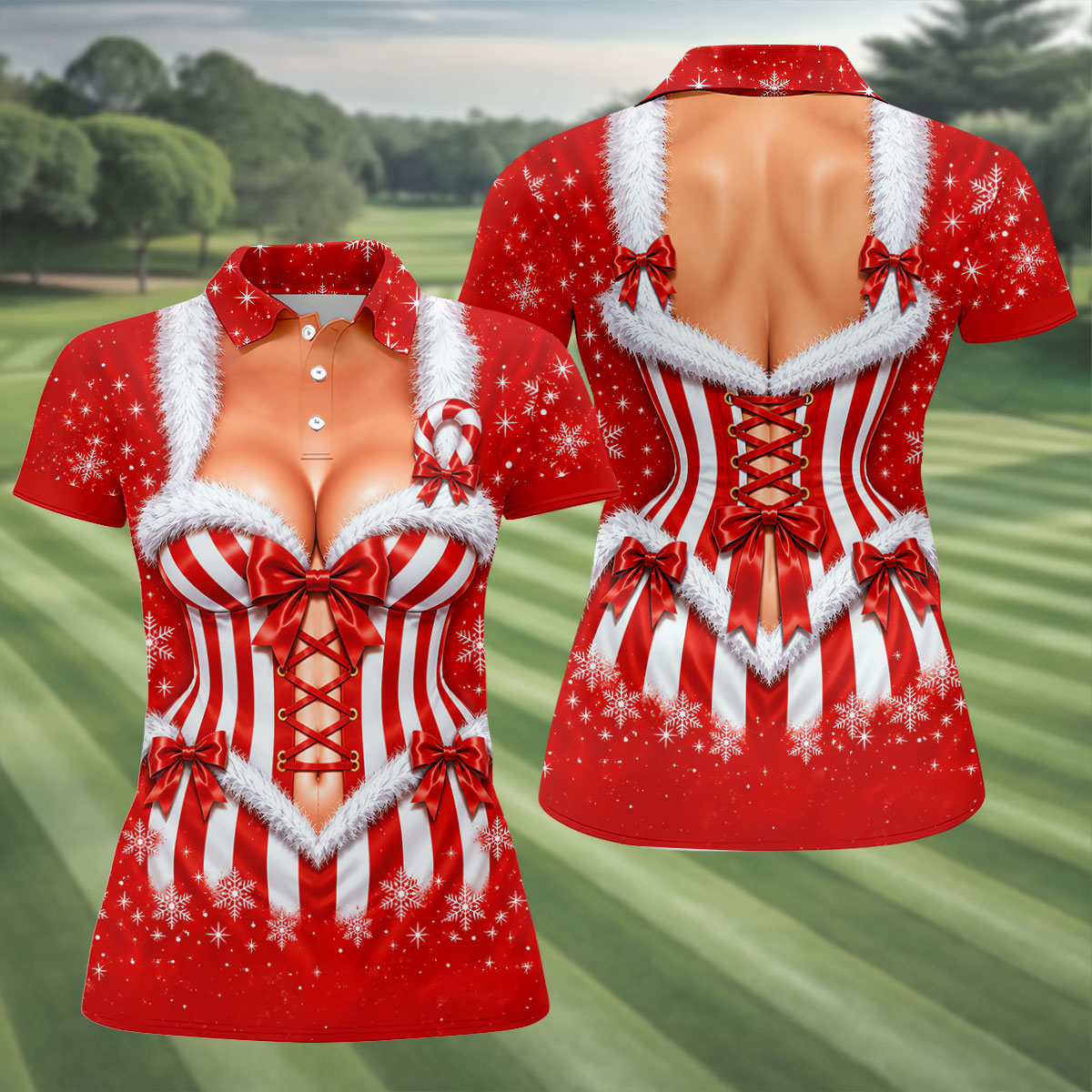 Candy Cane Corset Christmas Golf Shirt, Golf Shirts For Women, Ladies Golf Apparel