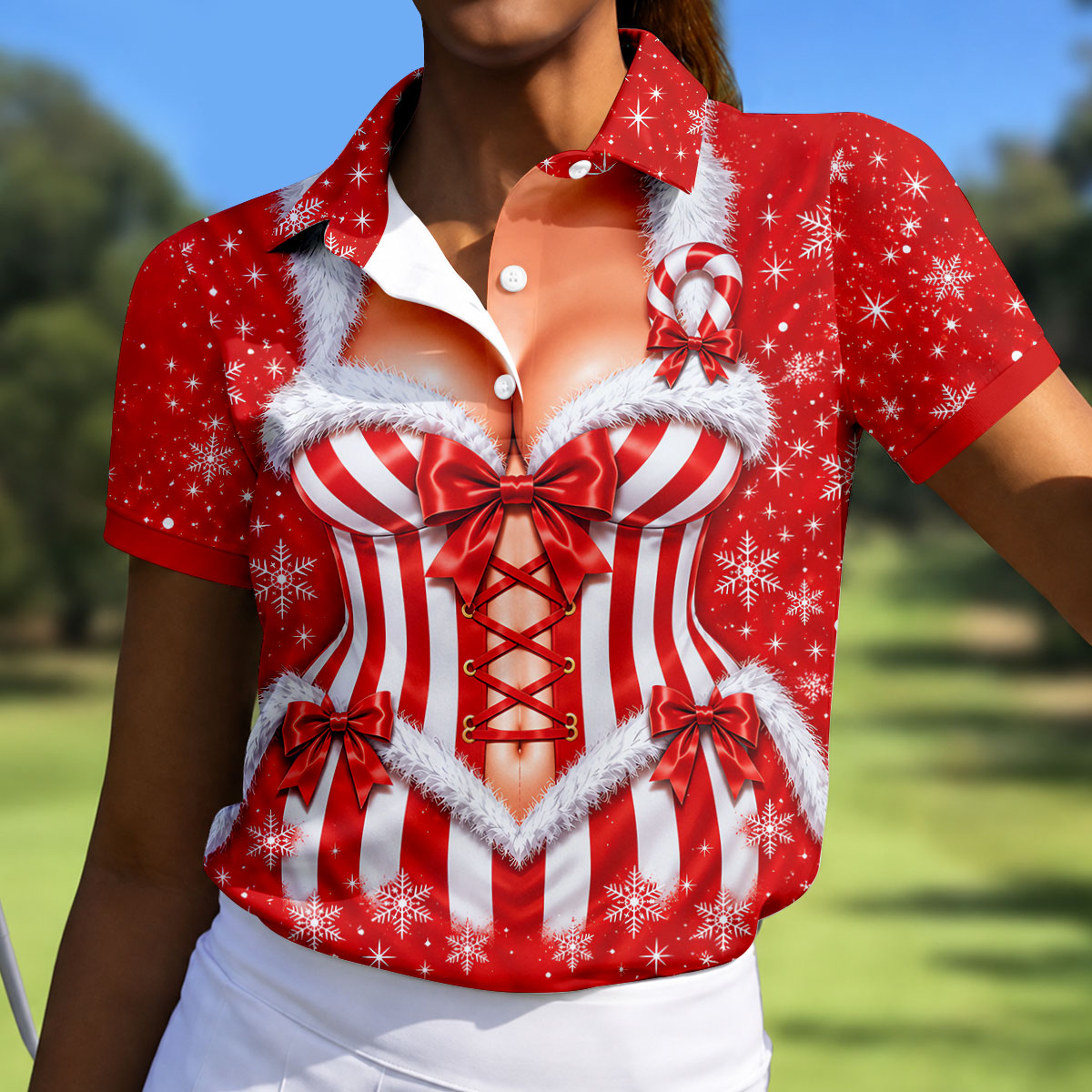 Candy Cane Corset Christmas Golf Shirt, Golf Shirts For Women, Ladies Golf Apparel
