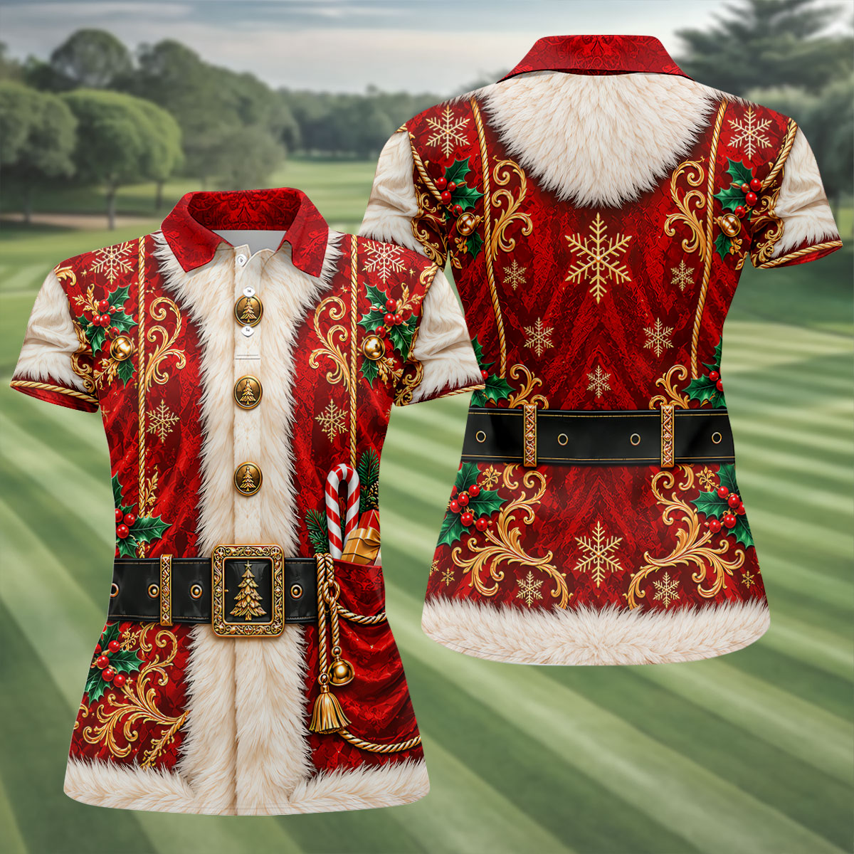 Ornate Santa Suit Christmas Golf Shirt, Womens Golf Apparel, Golf Gifts For Women