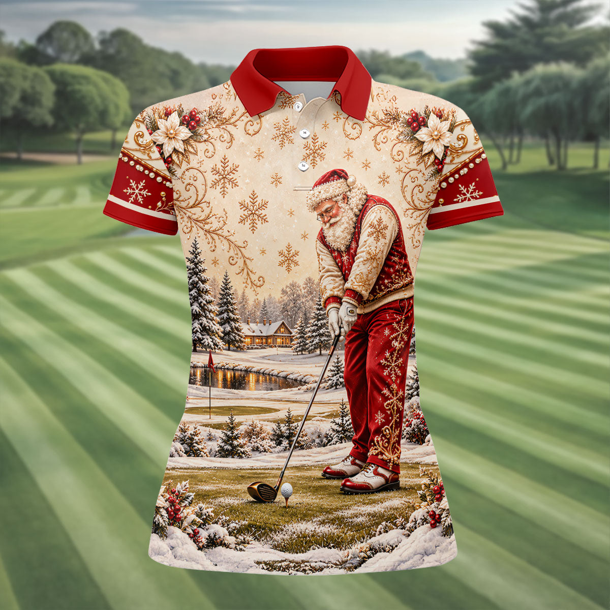 Vintage Santa Winter Christmas Golf Shirt, Ladies Golf Shirts, Golf Gifts For Women