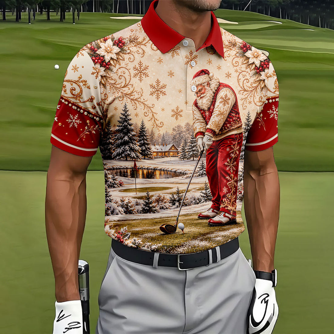 Vintage Santa Winter Christmas Golf Shirt, Golf Gifts For Men, Mens Golf Apparel