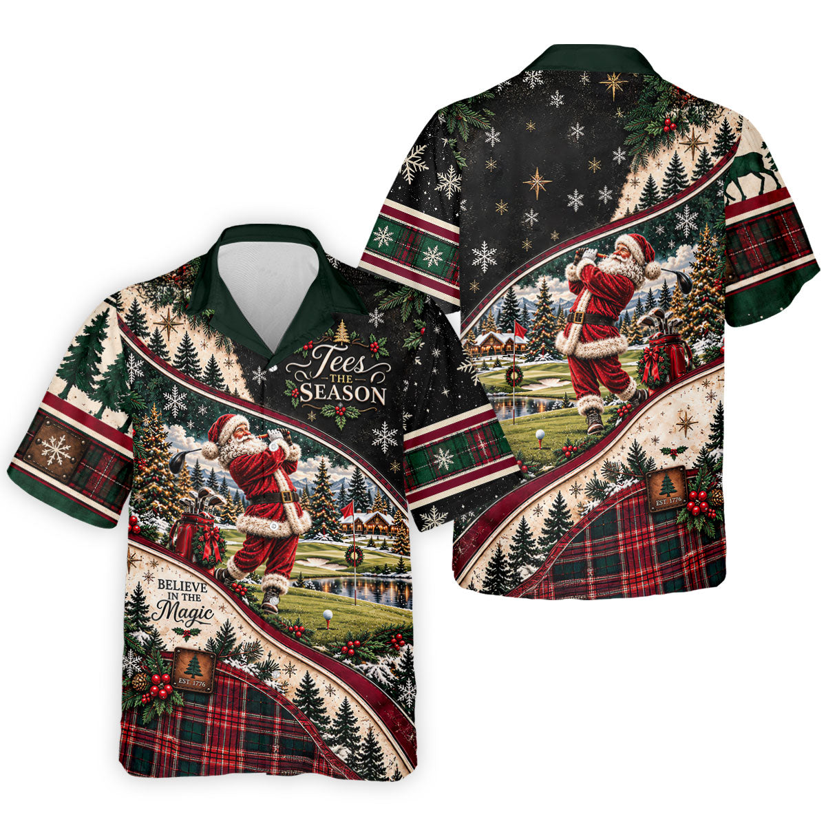 Black Plaid Santa Christmas Golf Polo, Golf Shirts For Men, Golf Apparel For Men