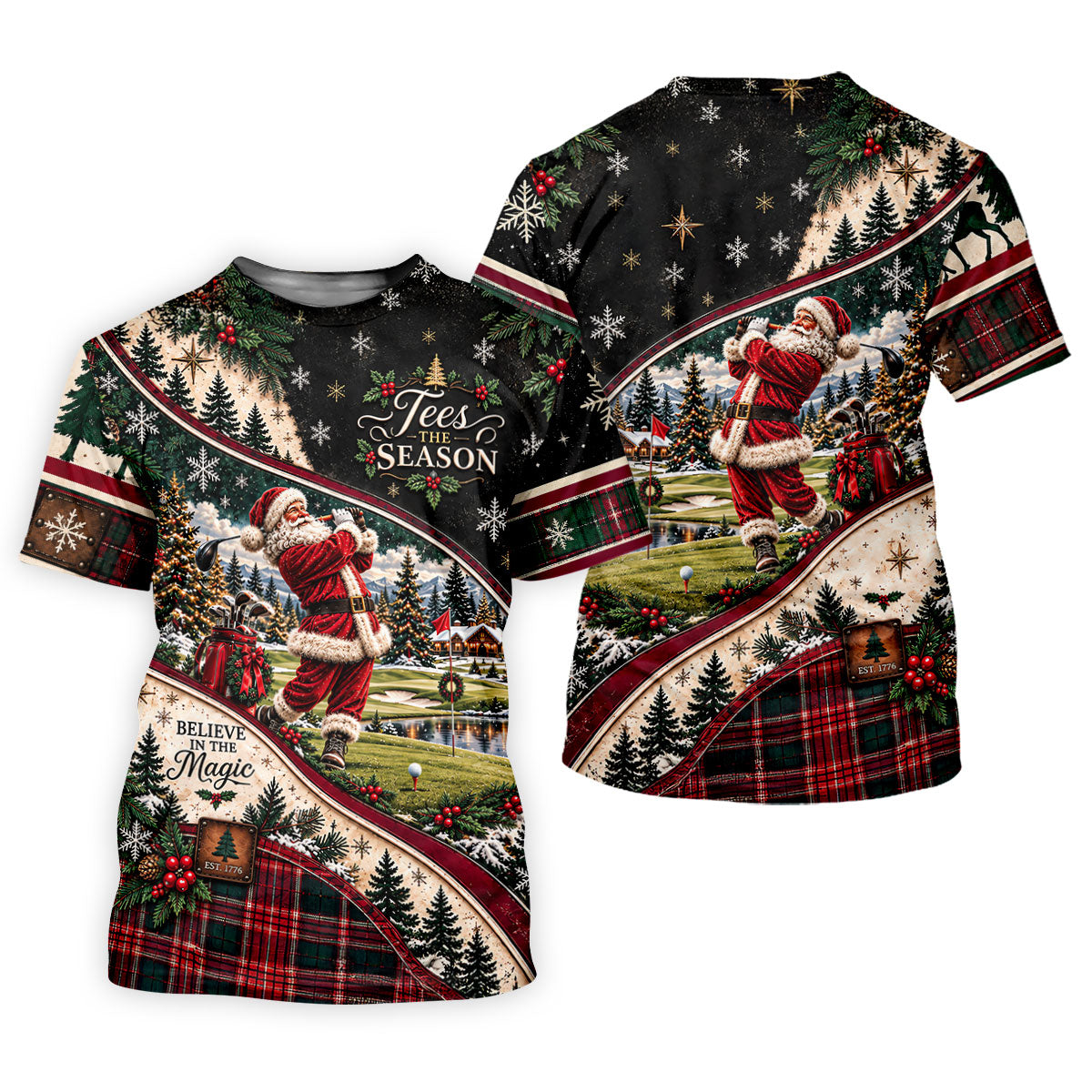Black Plaid Santa Christmas Golf Polo, Printed Golf Shirt, Golf Shirts For Women