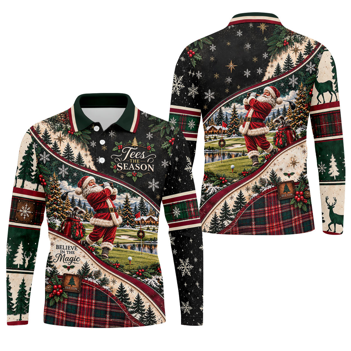 Black Plaid Santa Christmas Golf Polo, Golf Shirts For Men, Golf Apparel For Men
