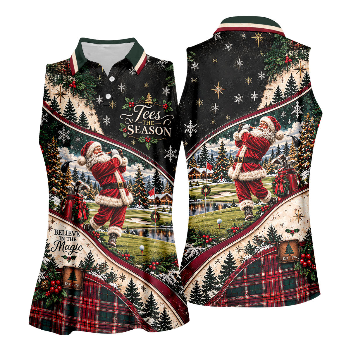 Black Plaid Santa Christmas Golf Polo, Printed Golf Shirt, Golf Shirts For Women