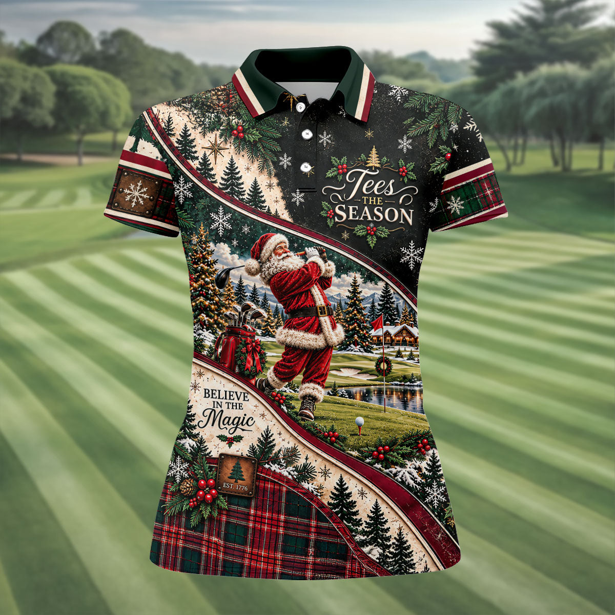 Black Plaid Santa Christmas Golf Polo, Printed Golf Shirt, Golf Shirts For Women