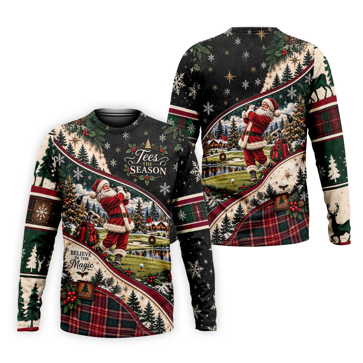 Black Plaid Santa Christmas Golf Polo, Golf Shirts For Men, Golf Apparel For Men
