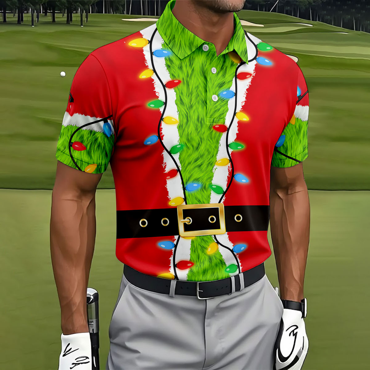 Green Furry Santa Suit Christmas Golf Shirt, Golf Shirts For Men, Golf Polo For Men