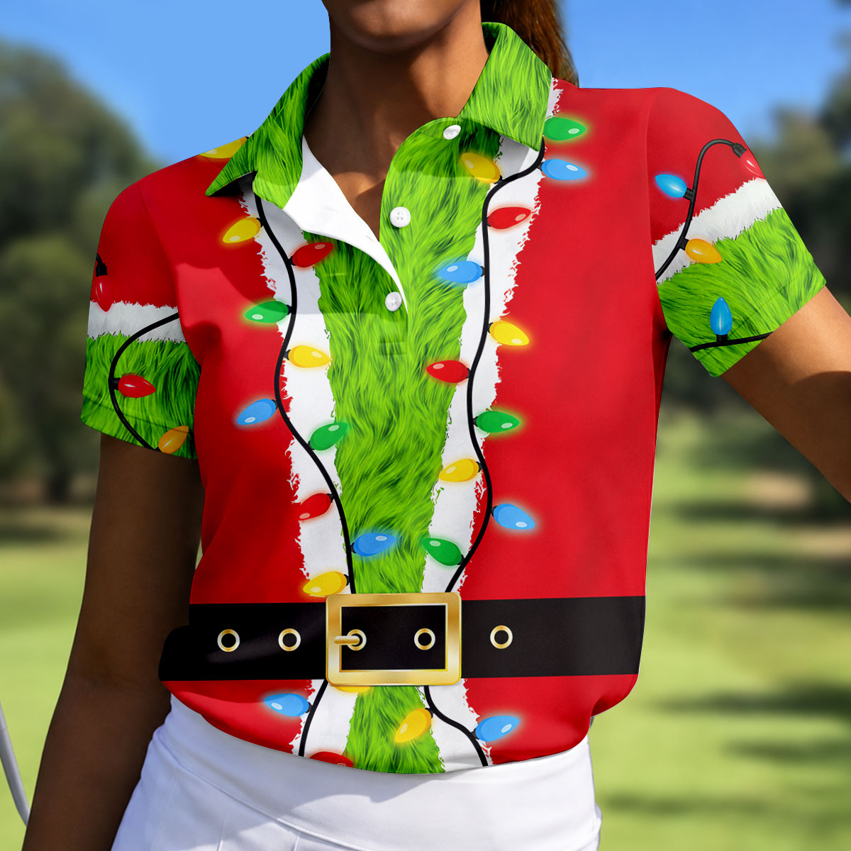 Green Furry Santa Suit Christmas Golf Shirt, Womens Golf Tops, Golf Gifts For Women