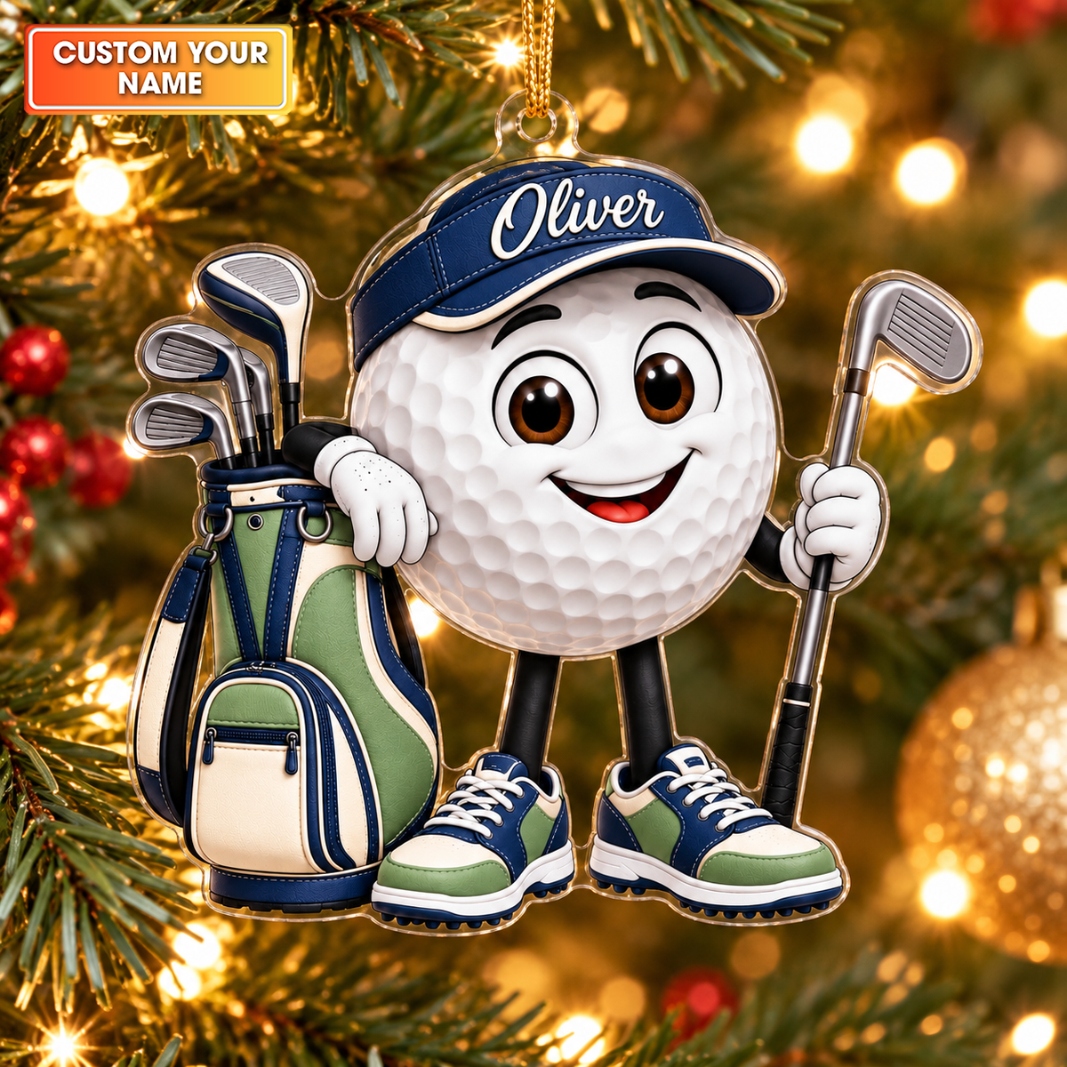 Custom Name Golf Ball And Bag Acrylic Ornament, Christmas Ornaments, Golf Lover Gifts