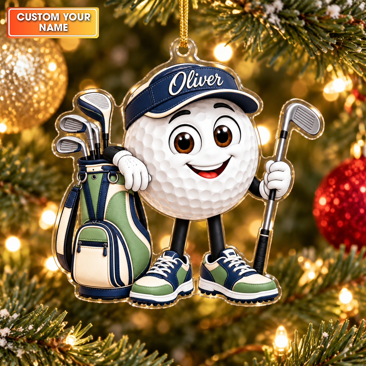Custom Name Golf Ball And Bag Acrylic Ornament, Christmas Ornaments, Golf Lover Gifts