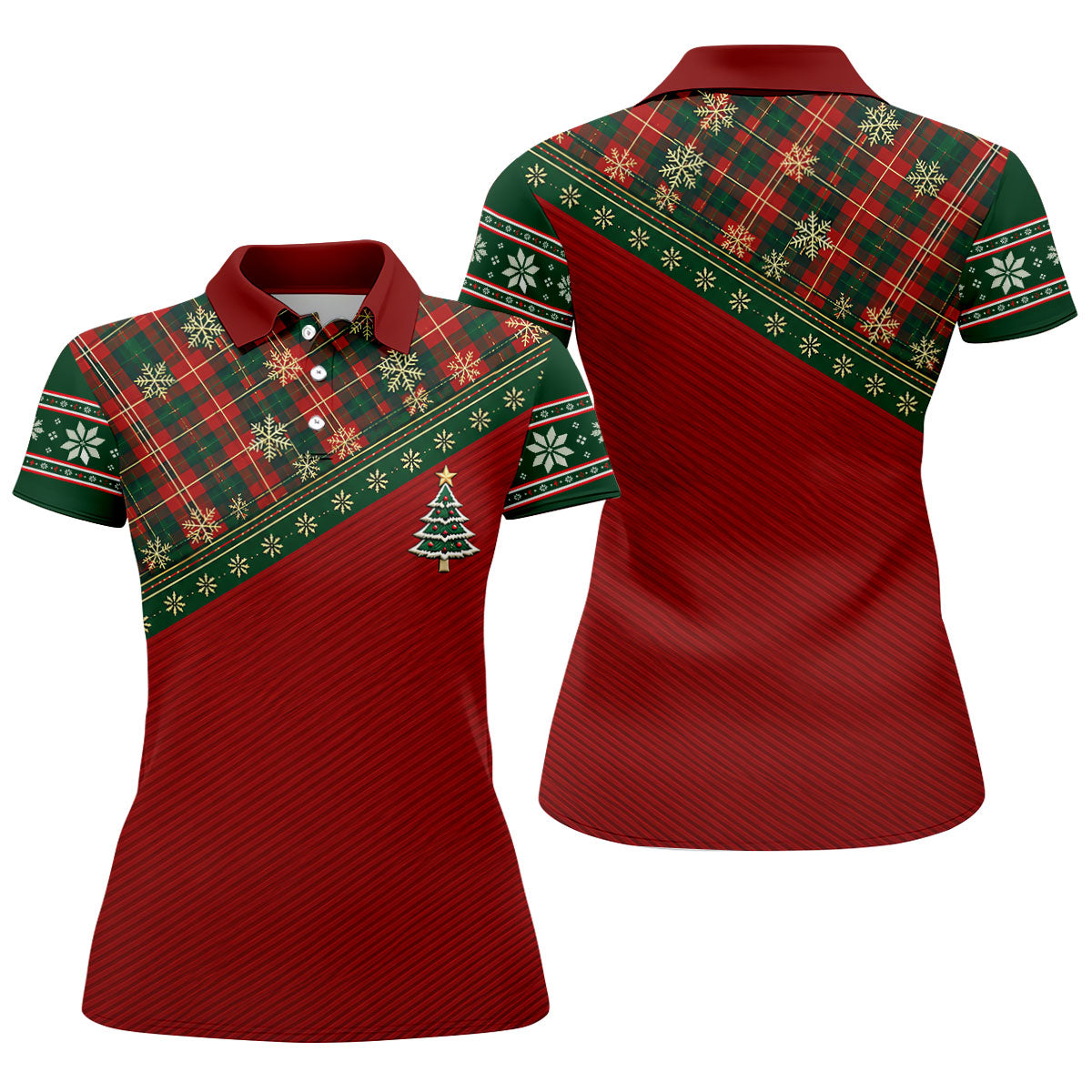 Red Plaid Tree Christmas Golf Shirt, Women's Long Sleeve Golf Shirt, Ladies Golf Top