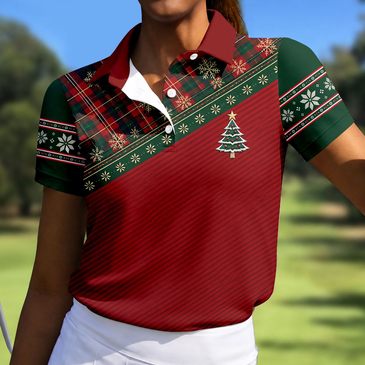 Red Plaid Tree Christmas Golf Shirt, Women's Long Sleeve Golf Shirt, Ladies Golf Top