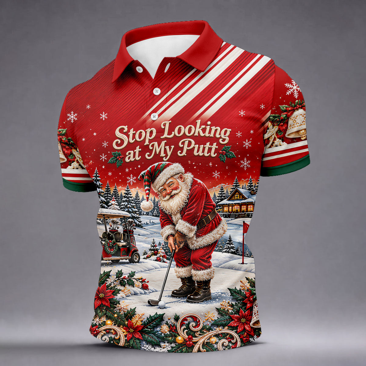 Red Stripe Santa Putt Christmas Golf Polo, Mens Golf Shirts, Hawaiian Golf Shirt