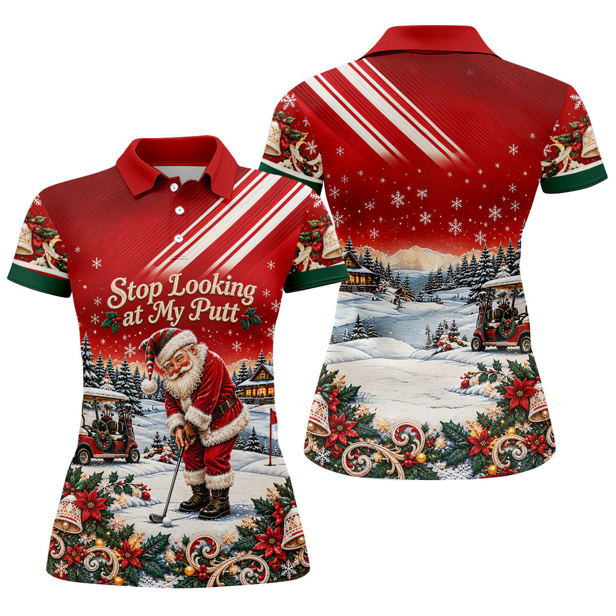 Red Stripe Santa Putt Christmas Golf Polo, Printed Golf Shirt, Women's Golf Polo