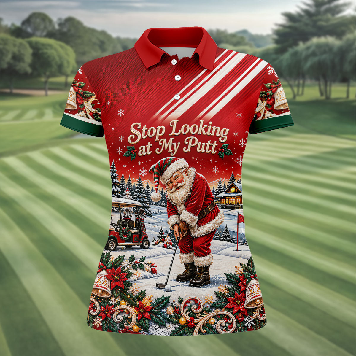 Red Stripe Santa Putt Christmas Golf Polo, Printed Golf Shirt, Women's Golf Polo