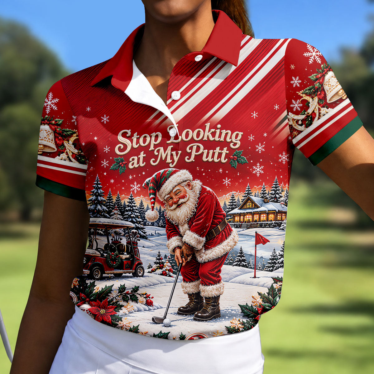 Red Stripe Santa Putt Christmas Golf Polo, Printed Golf Shirt, Women's Golf Polo