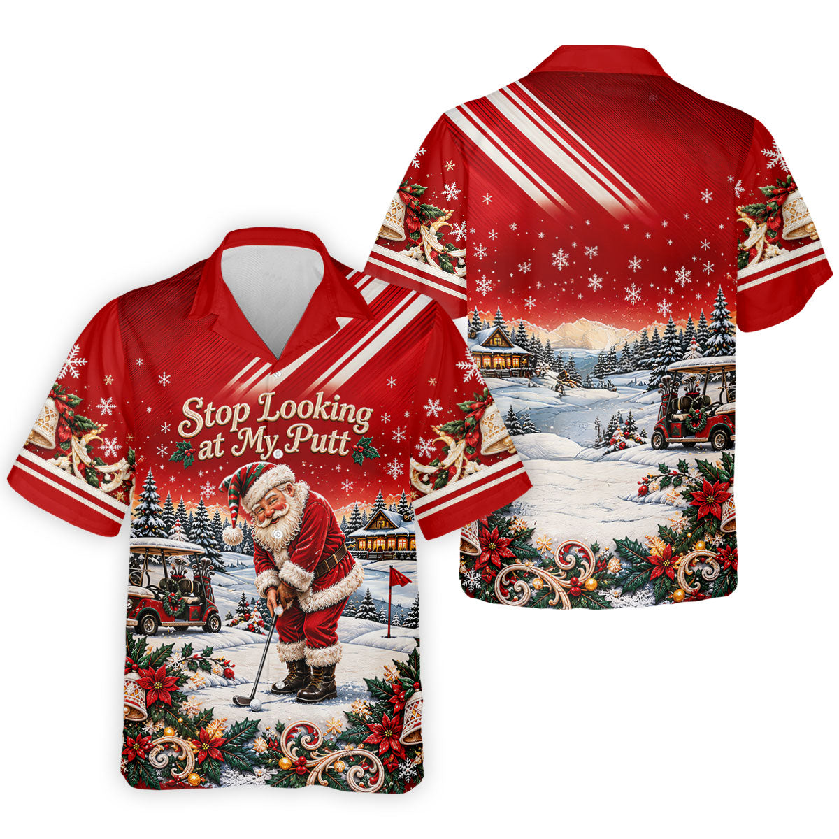 Red Stripe Santa Putt Christmas Golf Polo, Mens Golf Shirts, Hawaiian Golf Shirt