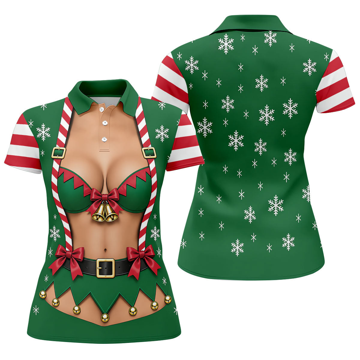 Green Elf Bikini Christmas Golf Polo, Golf Shirts For Women, Golf Tops For Women