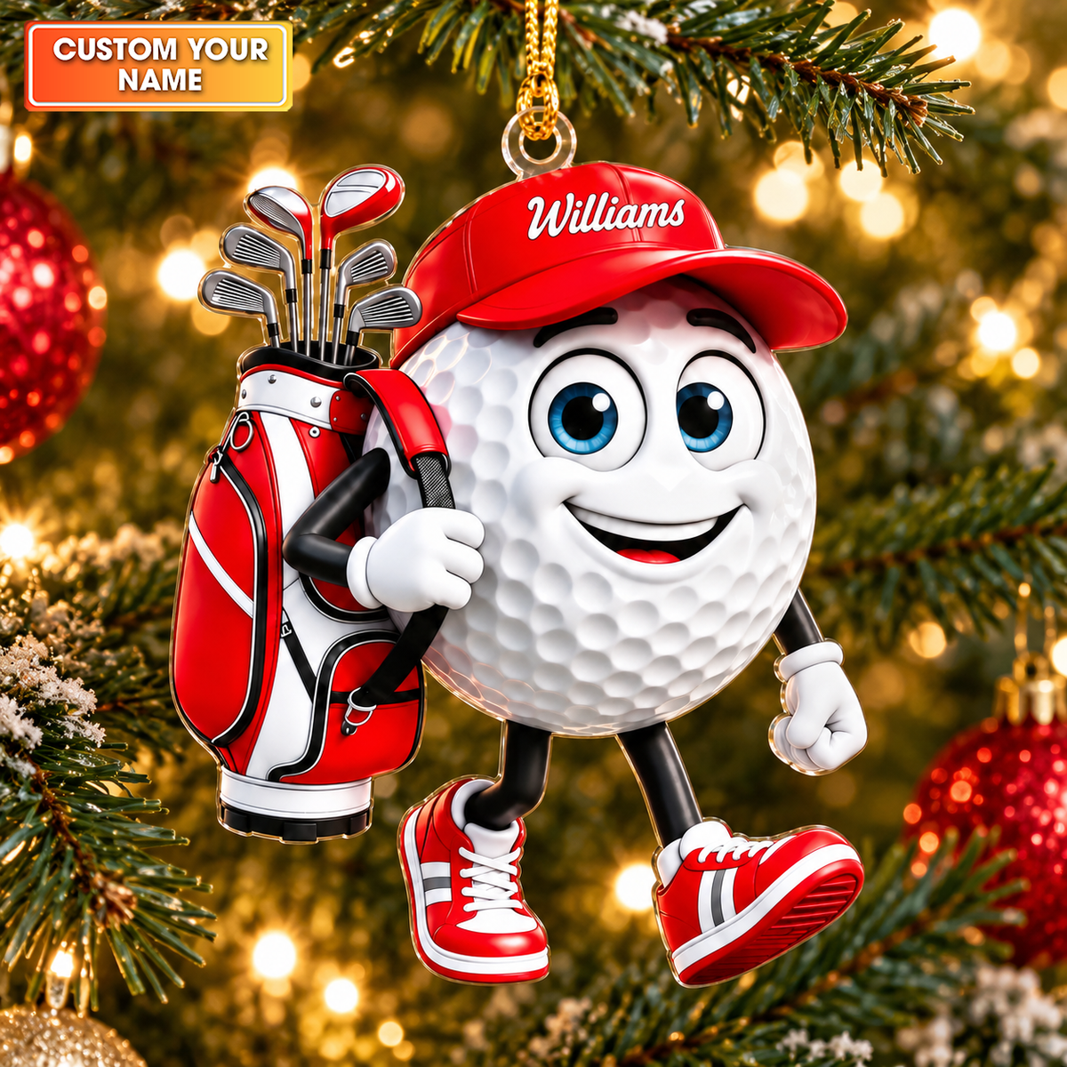 Custom Name Walking Golf Ball Acrylic Ornament, Christmas Tree Decor, Golfer Gifts