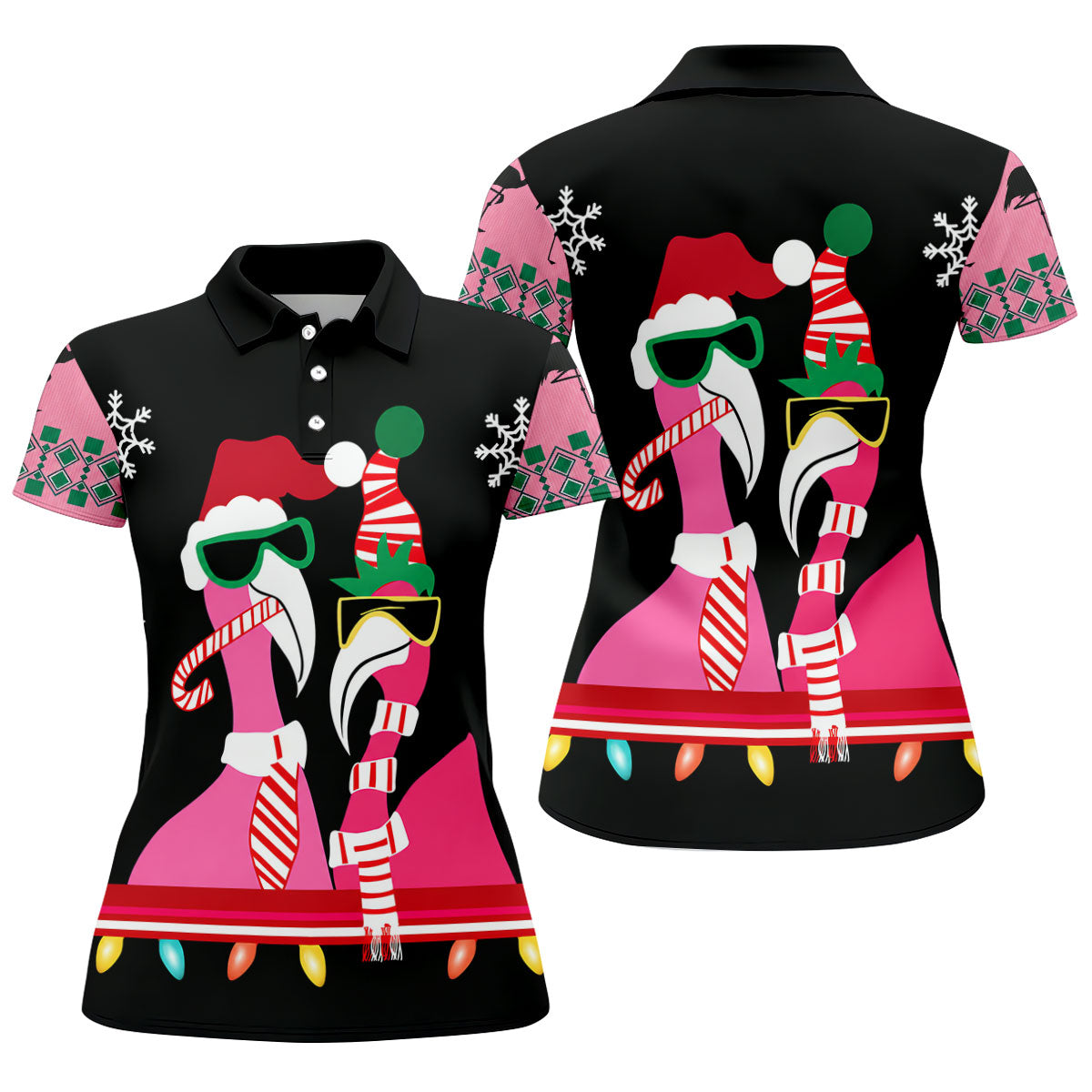 Pink Flamingo Christmas Pattern Golf Shirt, Womens Golf Tops, Ladies Golf Shirts