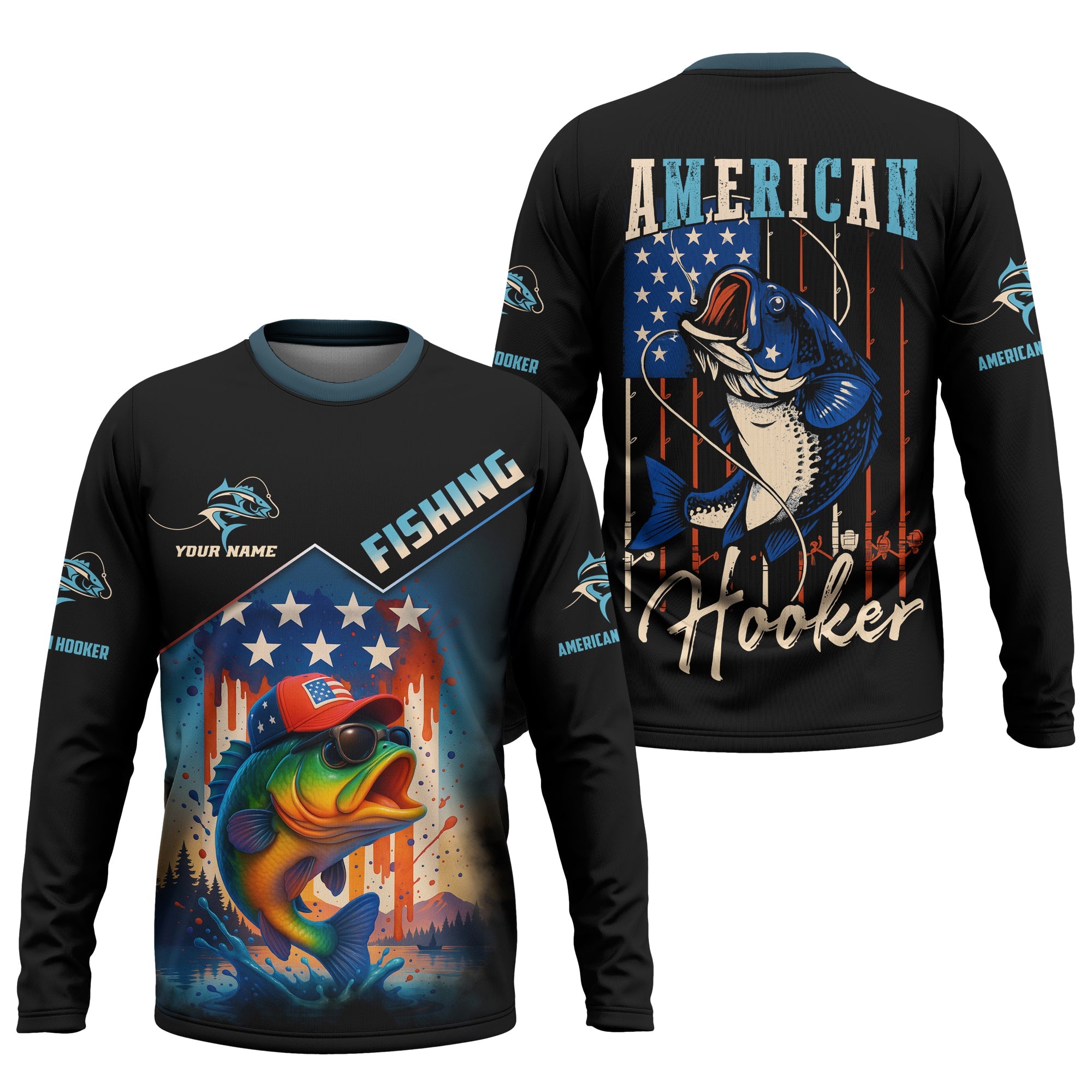 American Hooker Fishing UPF Shirts, American Flag Fish Shirt, Long Sleeve Fishing Shirts, Personalized Fishing Gifts