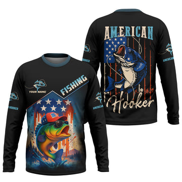American Hooker Fishing UPF Shirts, American Flag Fish Shirt, Long Sleeve Fishing Shirts, Personalized Fishing Gifts