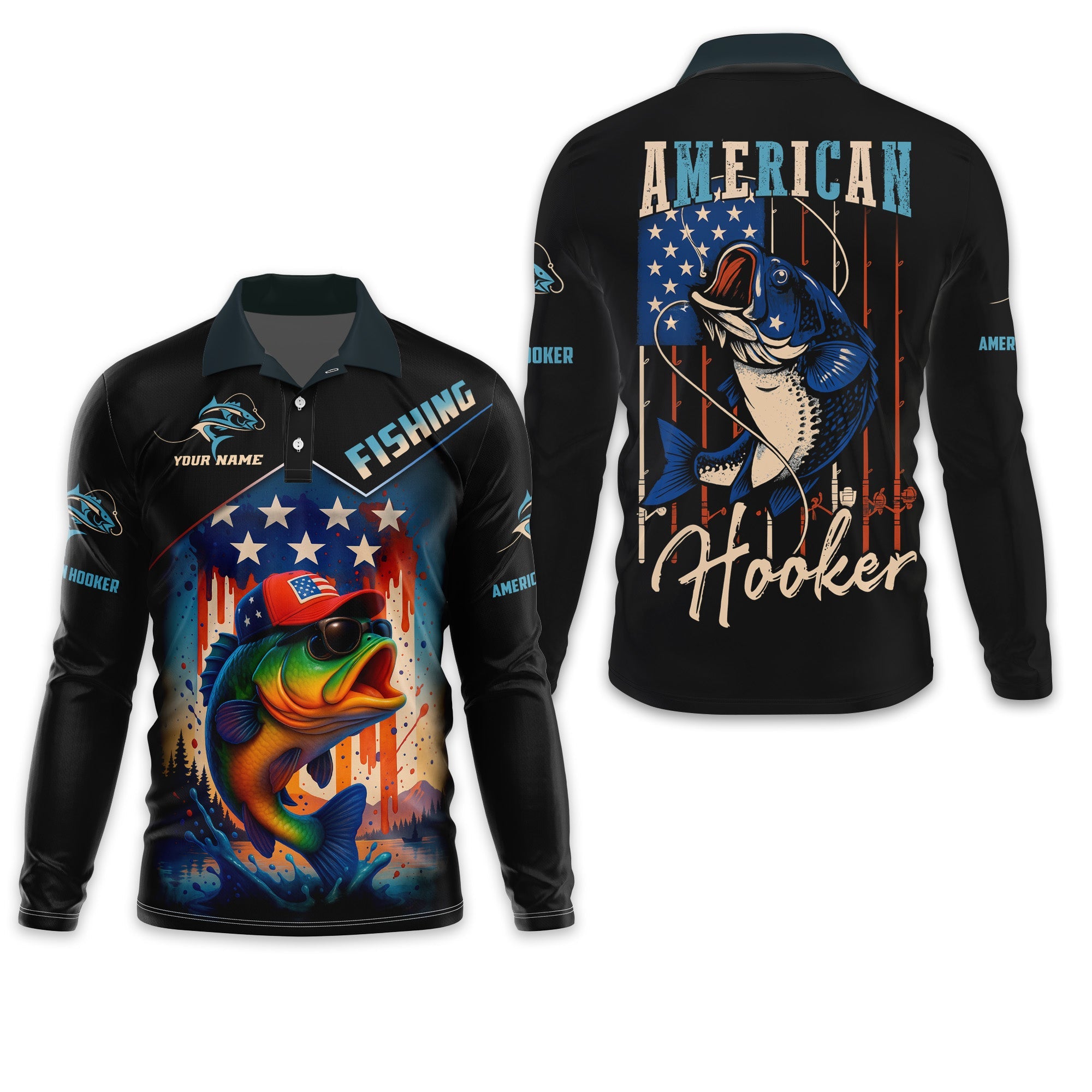 American Hooker Fishing UPF Shirts, American Flag Fish Shirt, Long Sleeve Fishing Shirts, Personalized Fishing Gifts