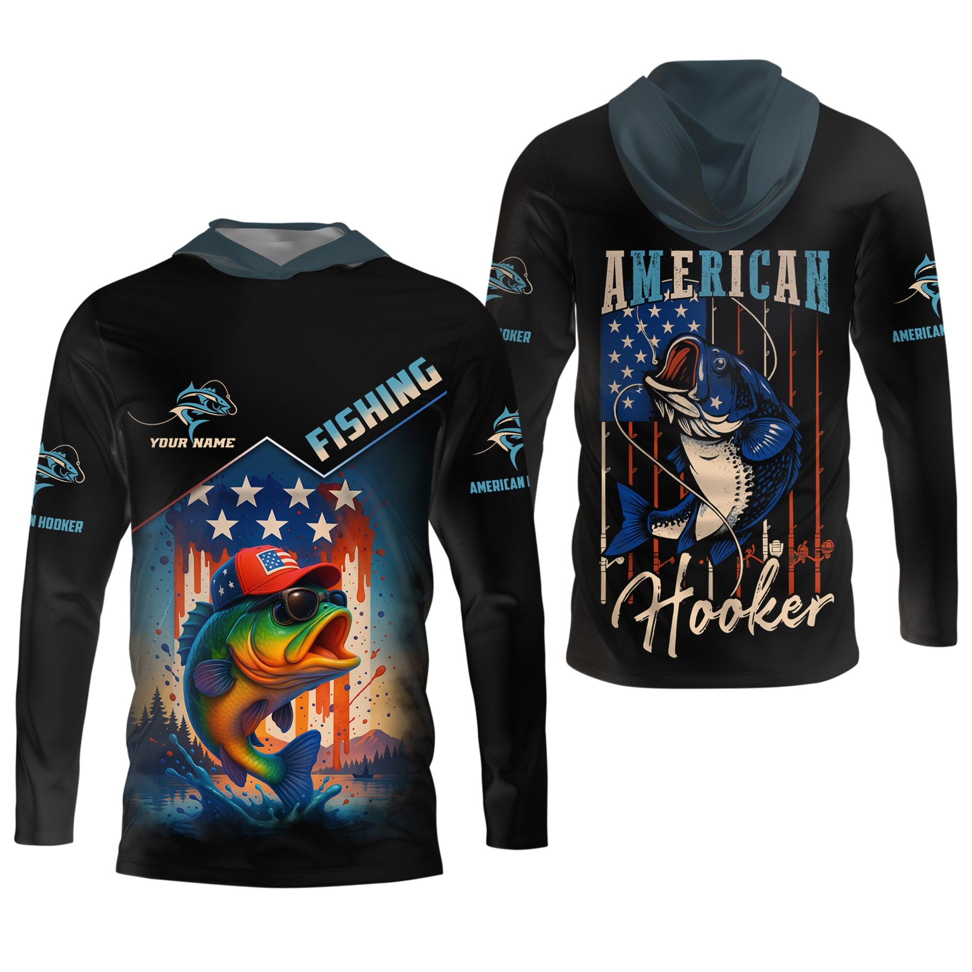 American Hooker Fishing UPF Shirts, American Flag Fish Shirt, Long Sleeve Fishing Shirts, Personalized Fishing Gifts