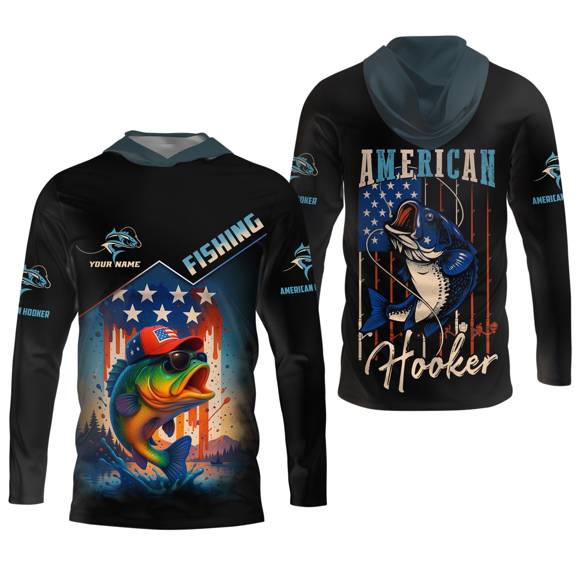 American Hooker Fishing UPF Shirts, American Flag Fish Shirt, Long Sleeve Fishing Shirts, Personalized Fishing Gifts