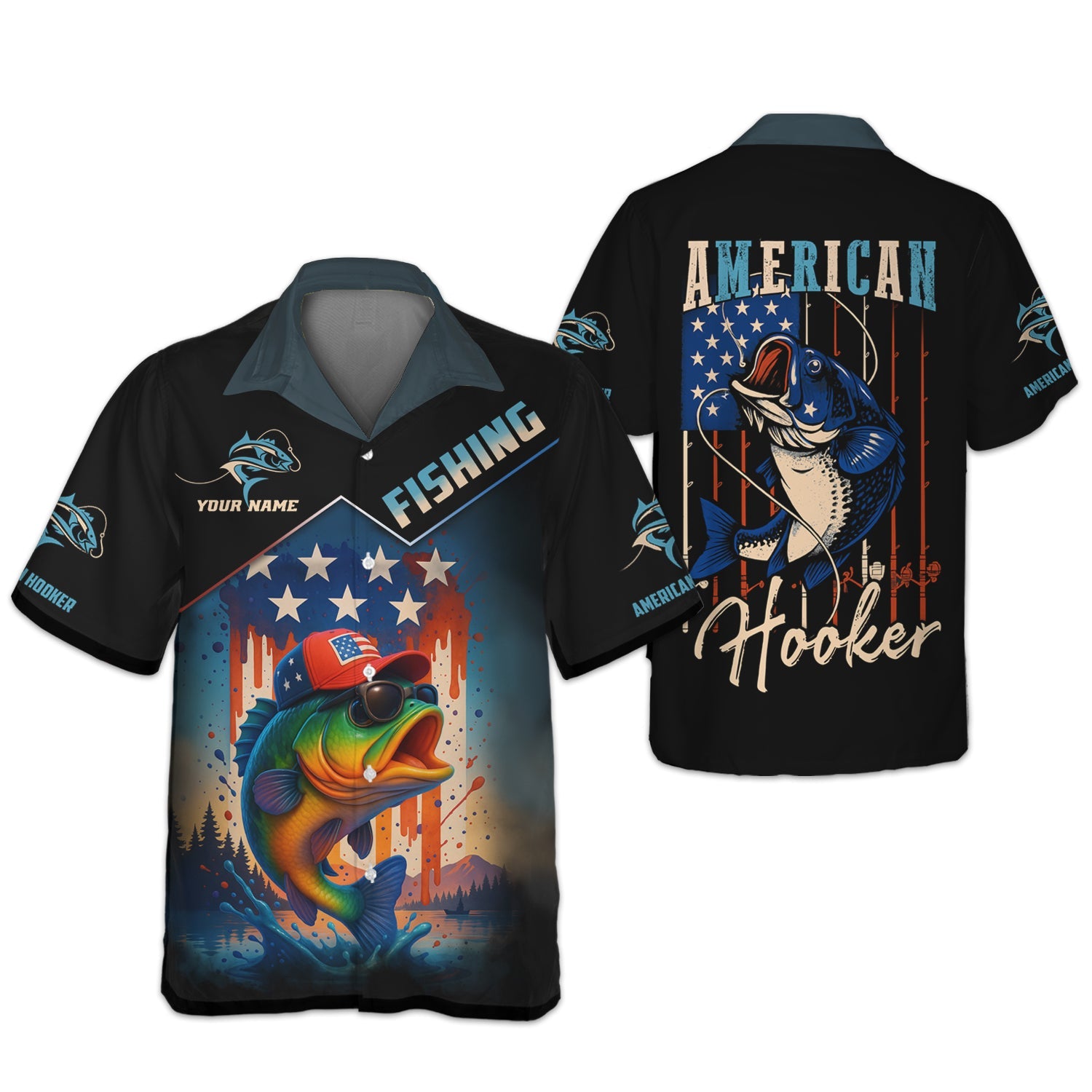 American Hooker Fishing UPF Shirts, American Flag Fish Shirt, Long Sleeve Fishing Shirts, Personalized Fishing Gifts