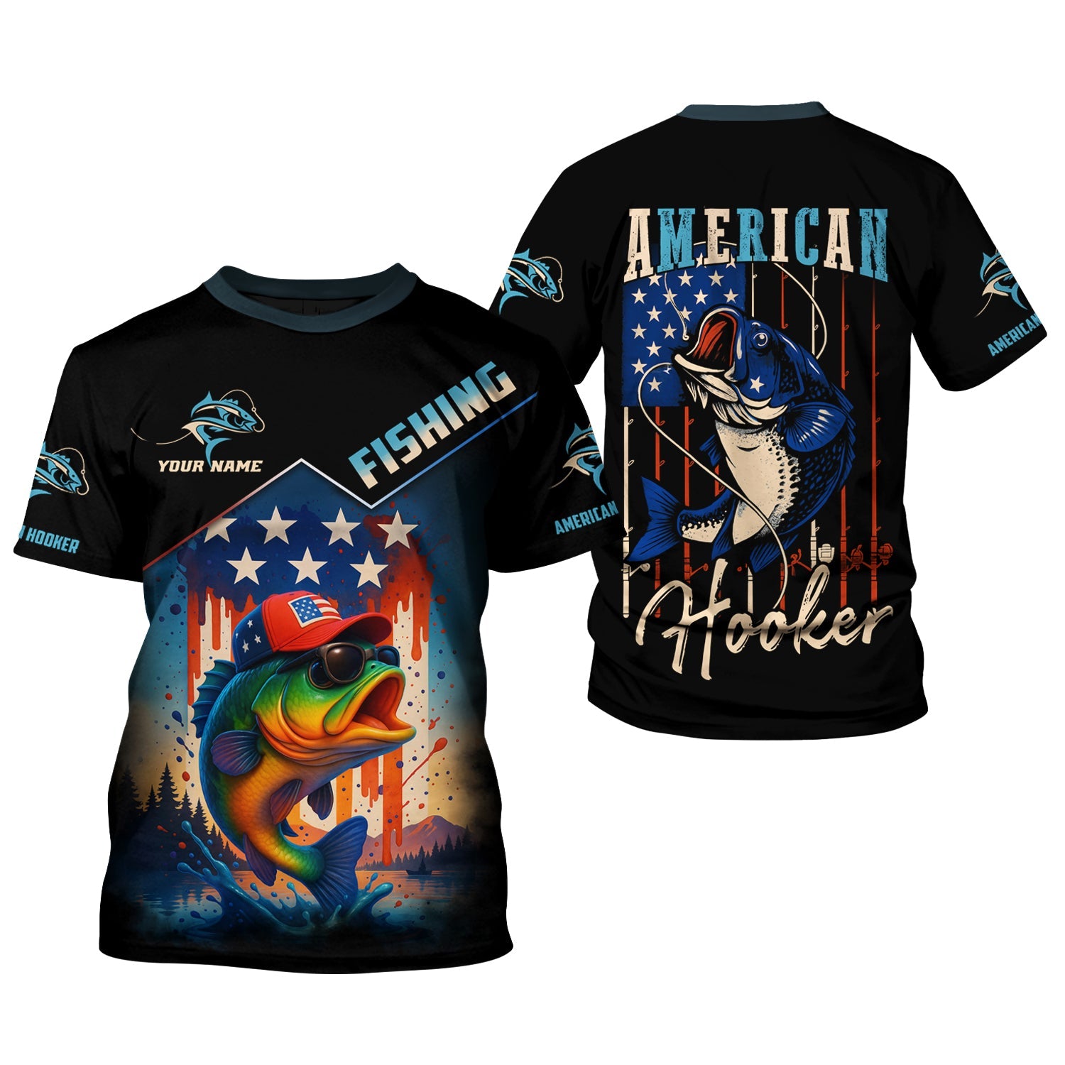 American Hooker Fishing UPF Shirts, American Flag Fish Shirt, Long Sleeve Fishing Shirts, Personalized Fishing Gifts