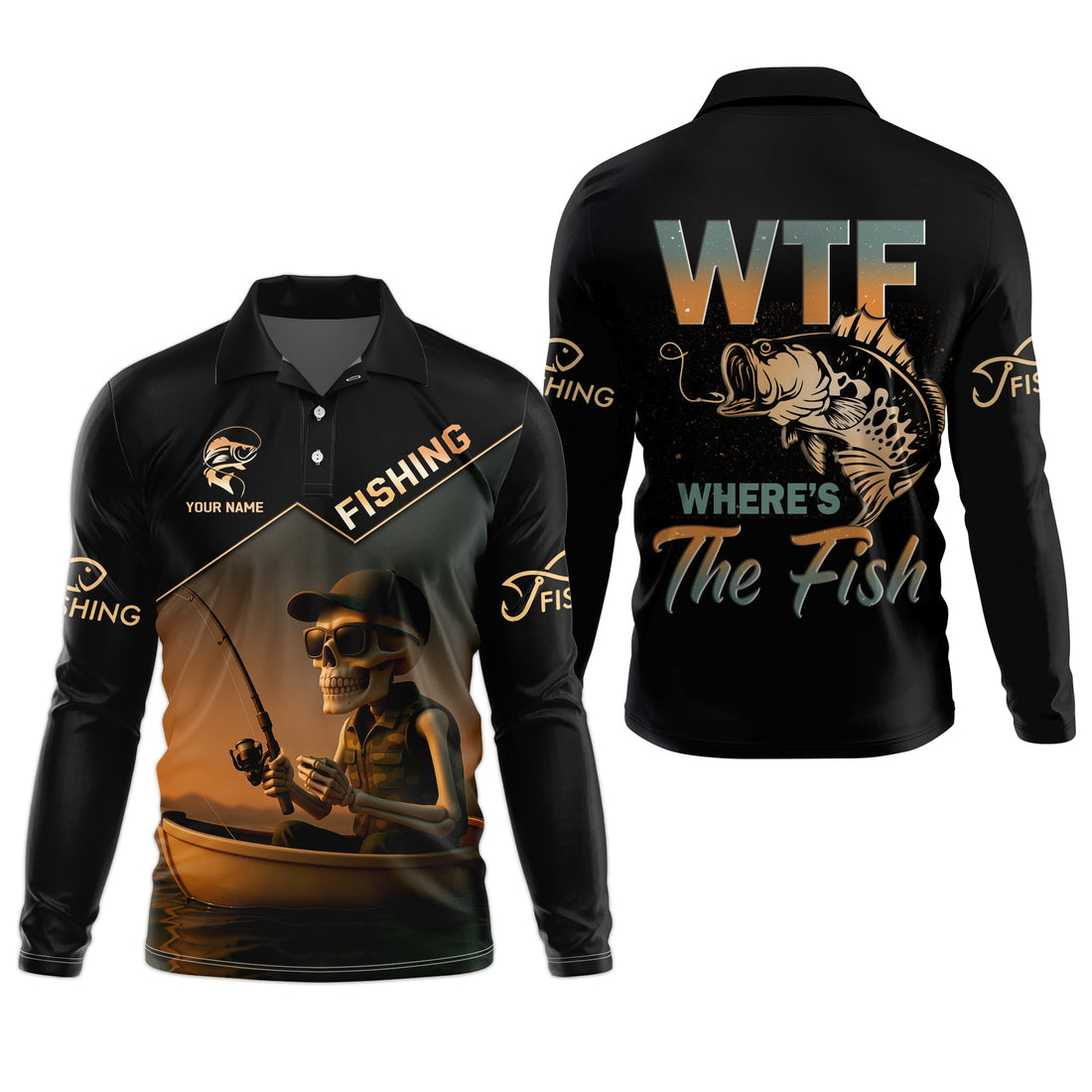 WTF Where's The Fish, Funny Skeleton Shirts, Fishing UV Shirts, Gag Gifts For Men, Mens Casual Shirts