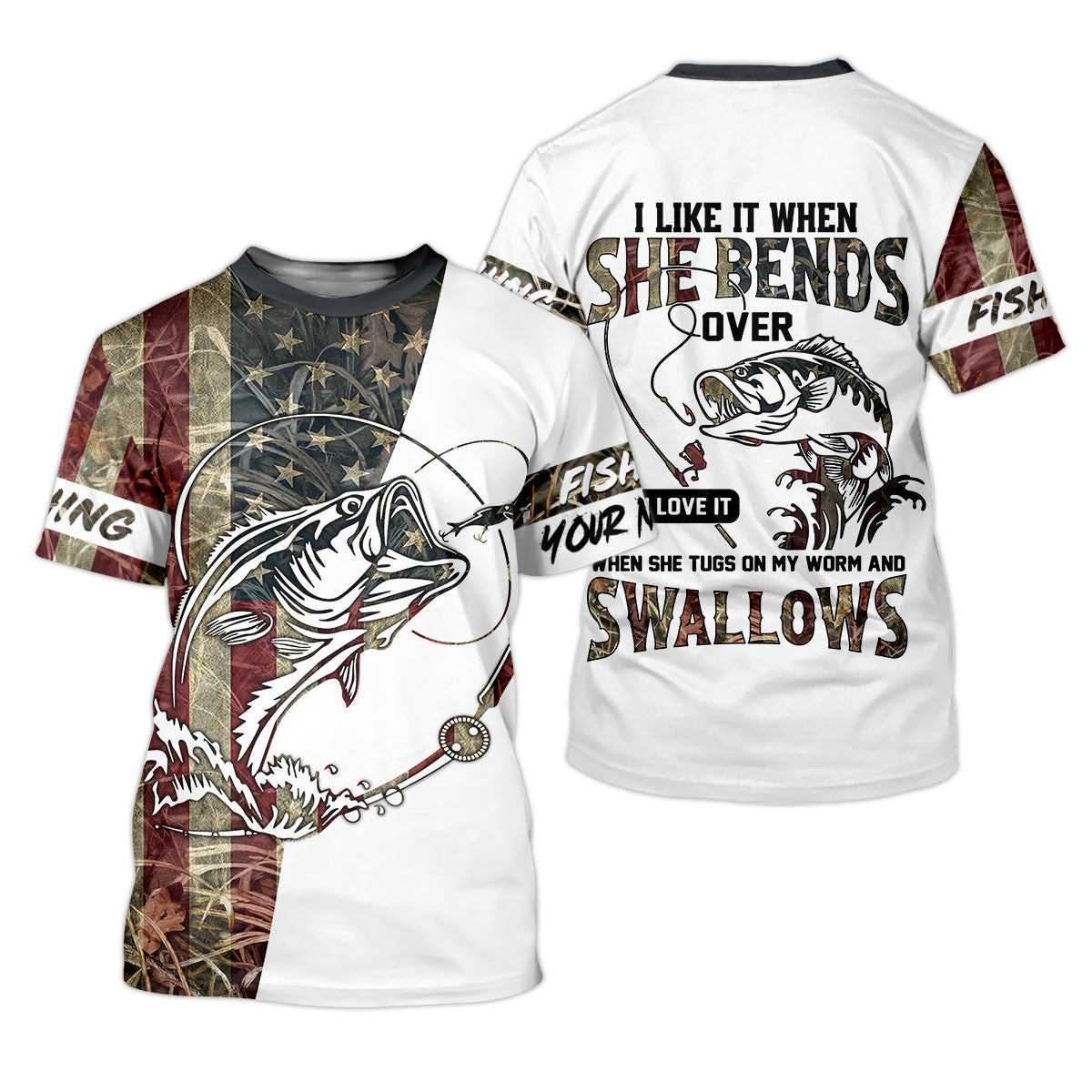 I Love It When She Bends Over SPF Shirt, American Flag Fish Shirt, Fishing UPF Shirts, Funny Fishing Shirts