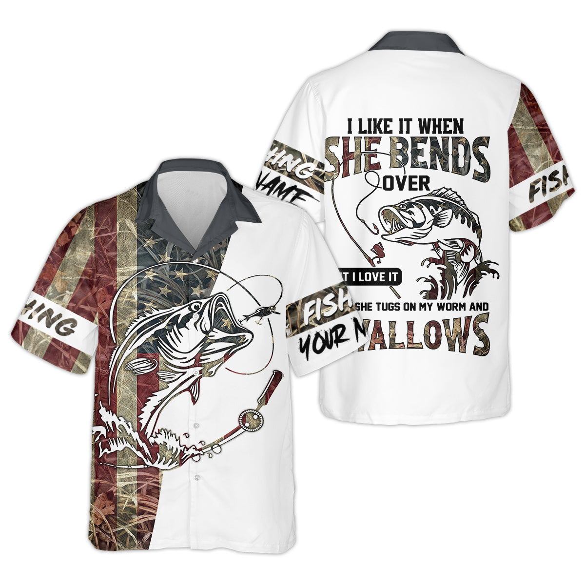 I Love It When She Bends Over SPF Shirt, American Flag Fish Shirt, Fishing UPF Shirts, Funny Fishing Shirts