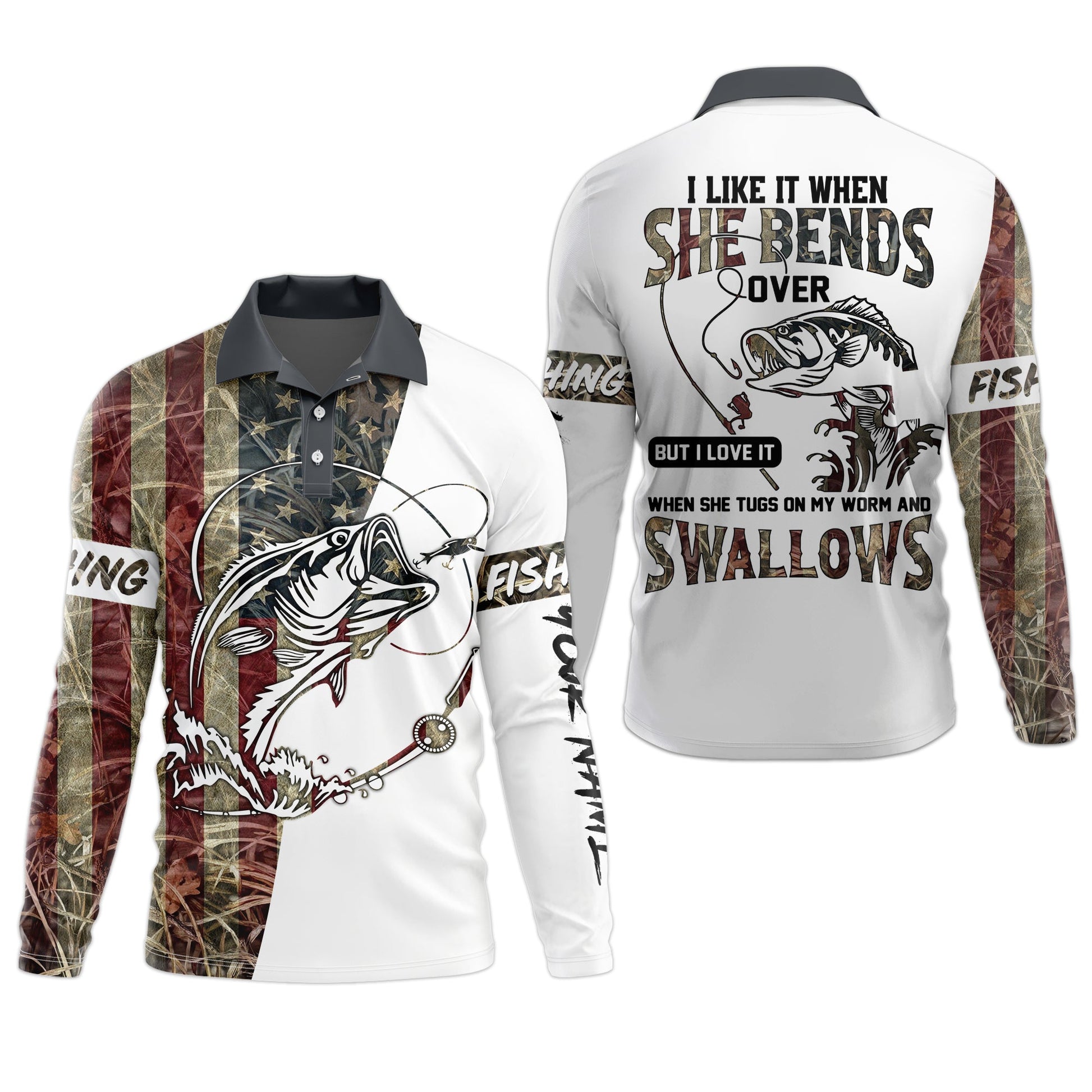 I Love It When She Bends Over SPF Shirt, American Flag Fish Shirt, Fishing UPF Shirts, Funny Fishing Shirts