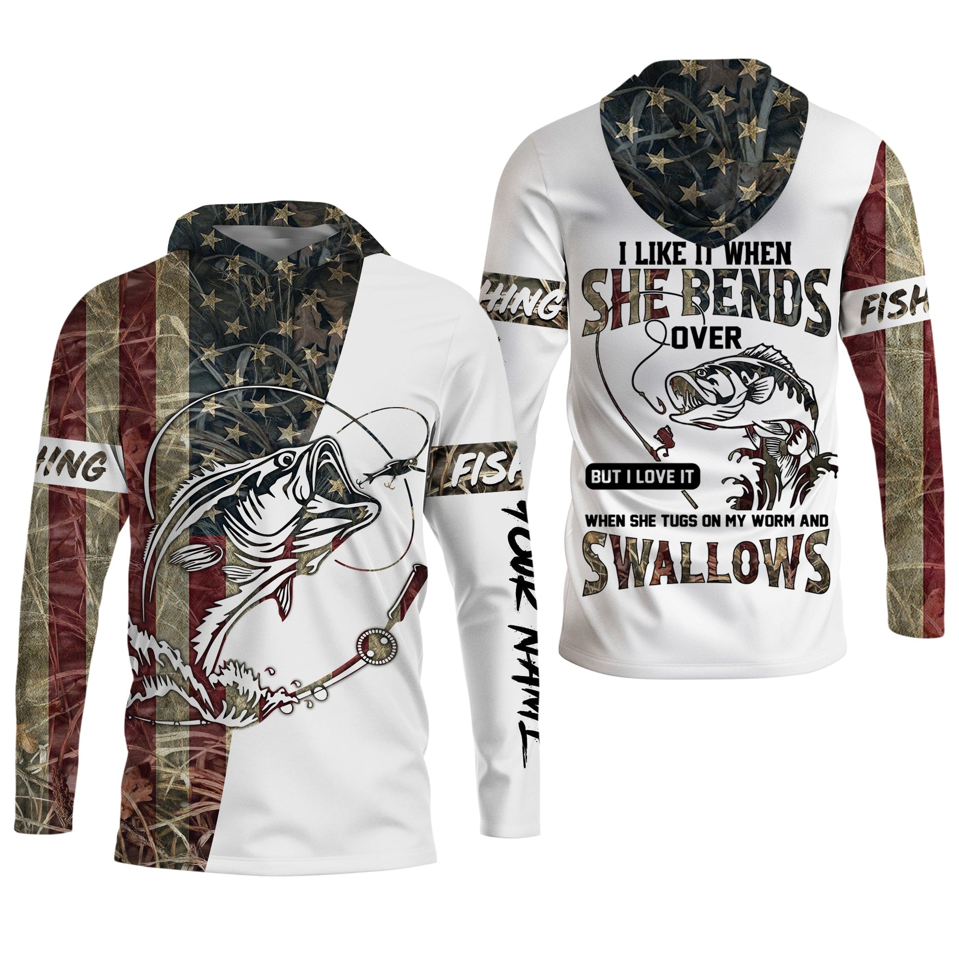 I Love It When She Bends Over SPF Shirt, American Flag Fish Shirt, Fishing UPF Shirts, Funny Fishing Shirts