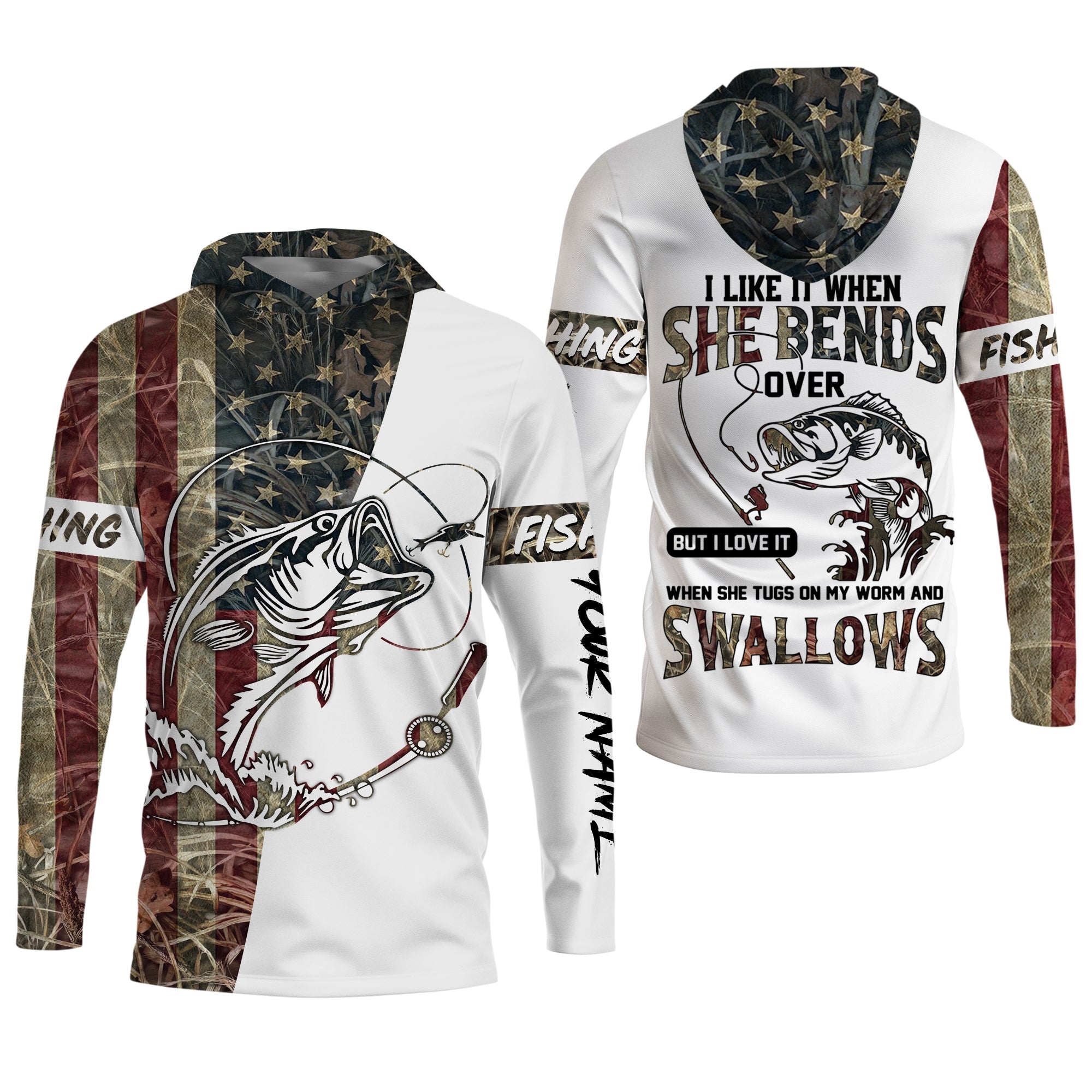 I Love It When She Bends Over SPF Shirt, American Flag Fish Shirt, Fishing UPF Shirts, Funny Fishing Shirts