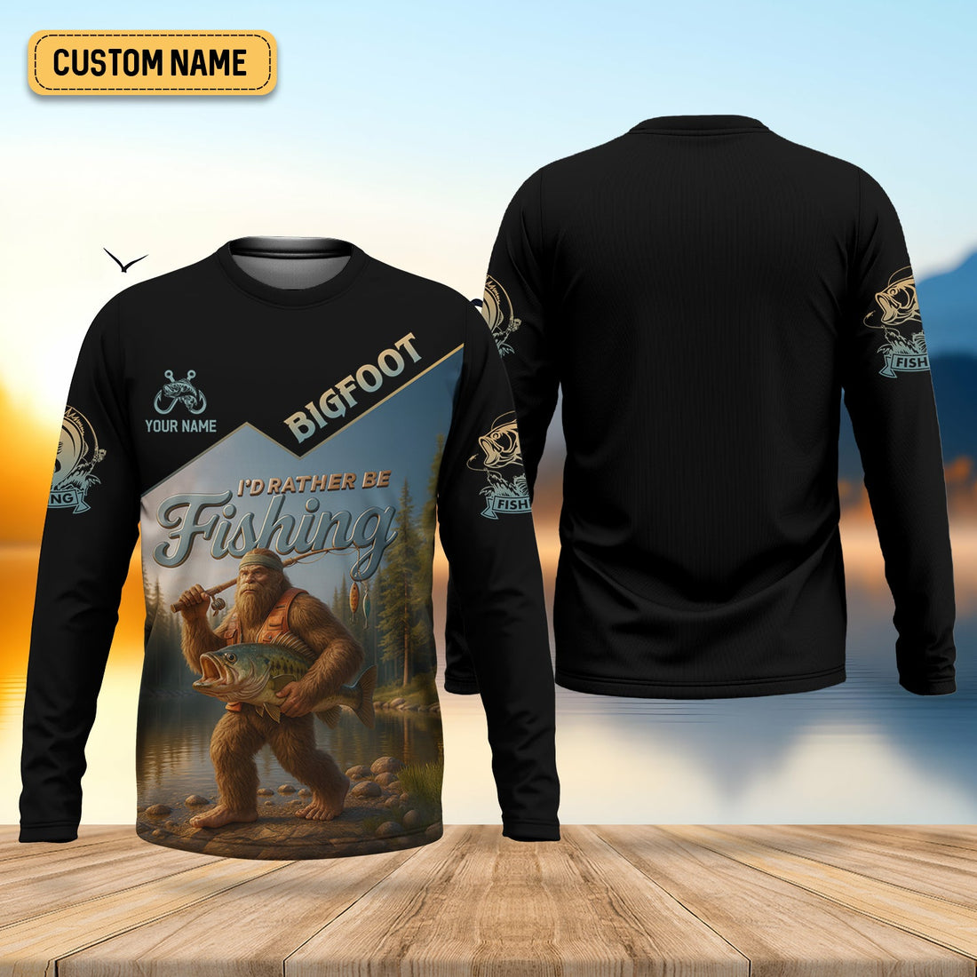 I'd Rather Be Fishing, Bigfoot Fishing UPF Shirts, Funny Men Fishing Shirt, Long Sleeve Fishing Shirts