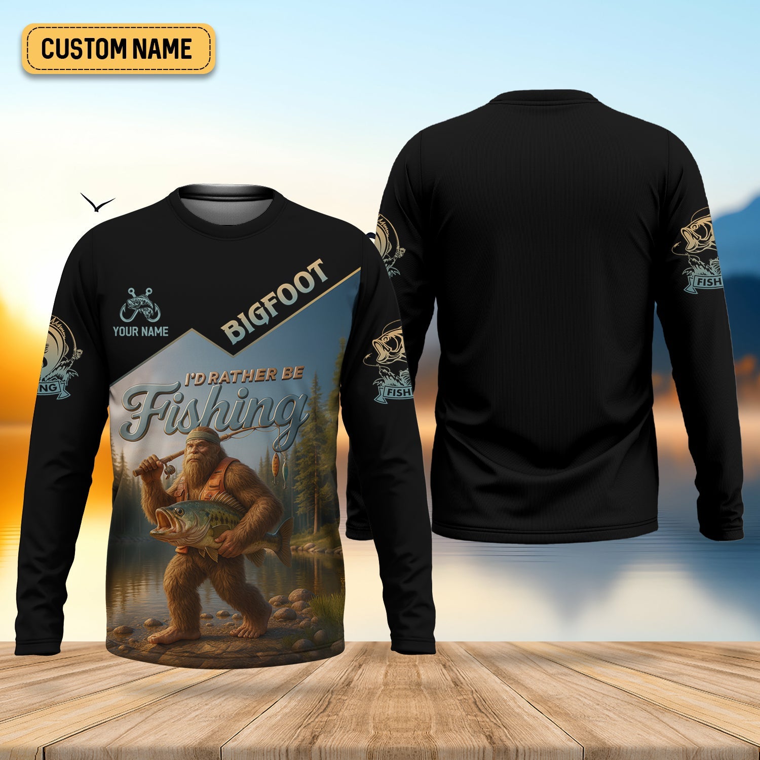 I'd Rather Be Fishing, Bigfoot Fishing UPF Shirts, Funny Men Fishing Shirt, Long Sleeve Fishing Shirts