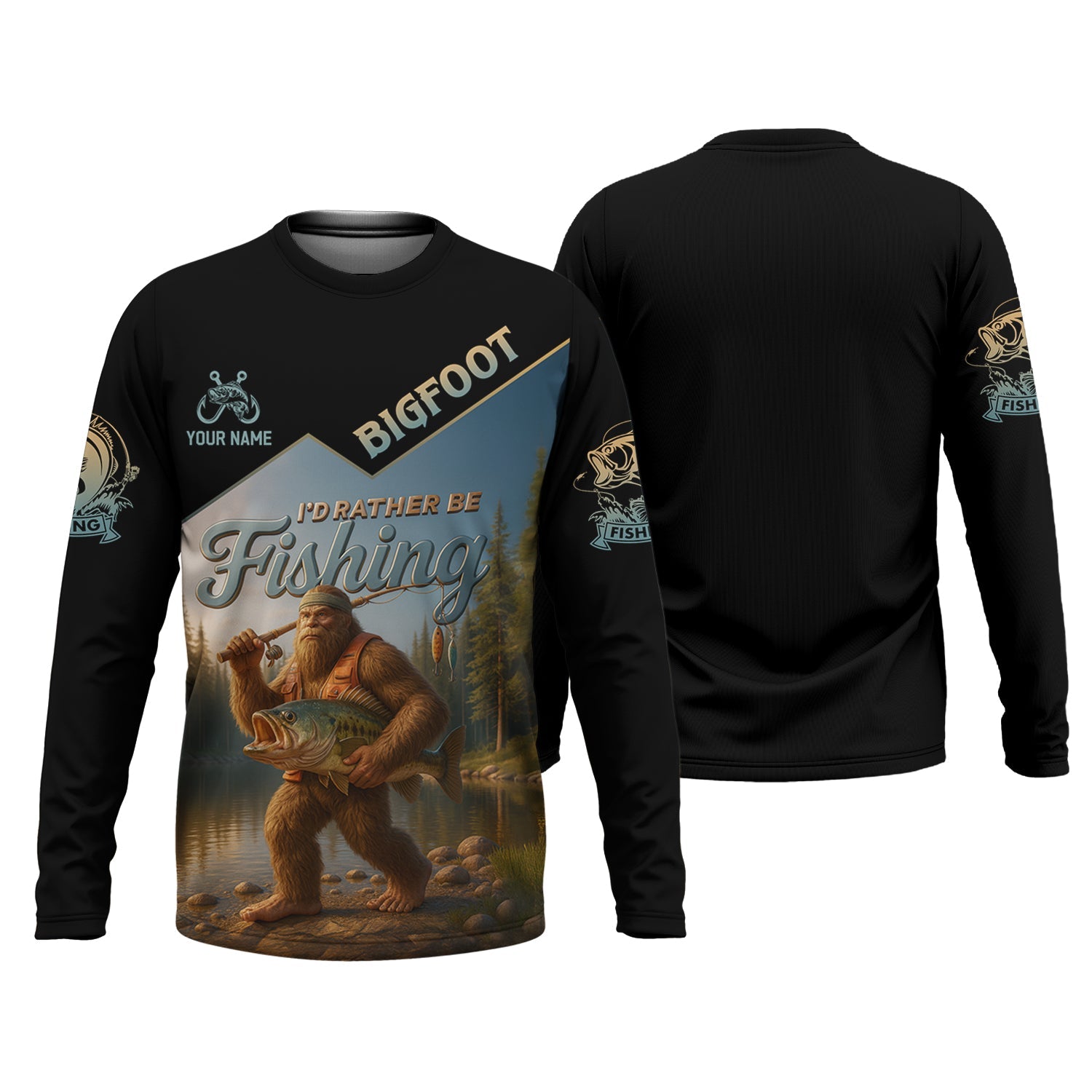 I'd Rather Be Fishing, Bigfoot Fishing UPF Shirts, Funny Men Fishing Shirt, Long Sleeve Fishing Shirts